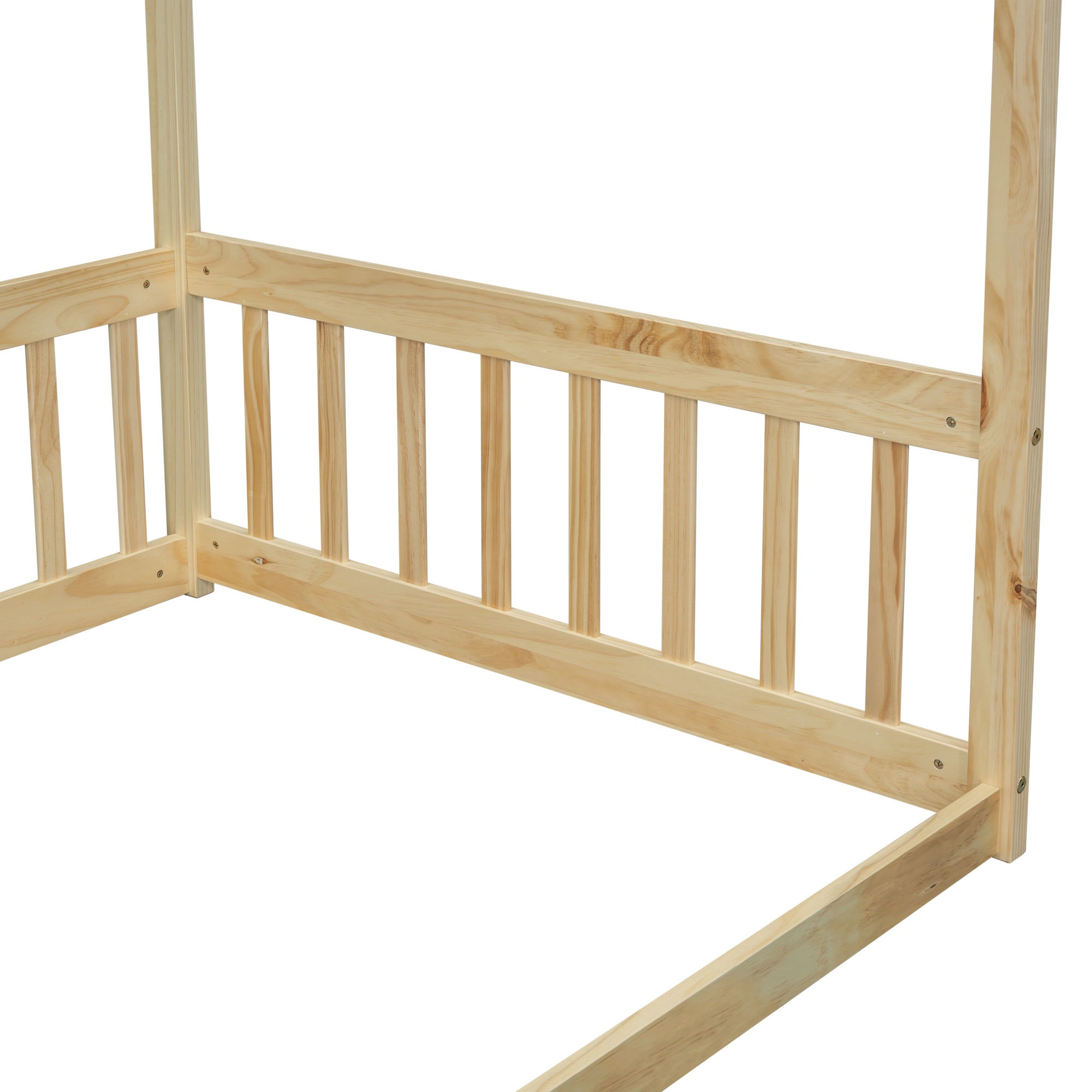 Natural Tone Twin Size Canopy Frame Floor Bed with Guardrails