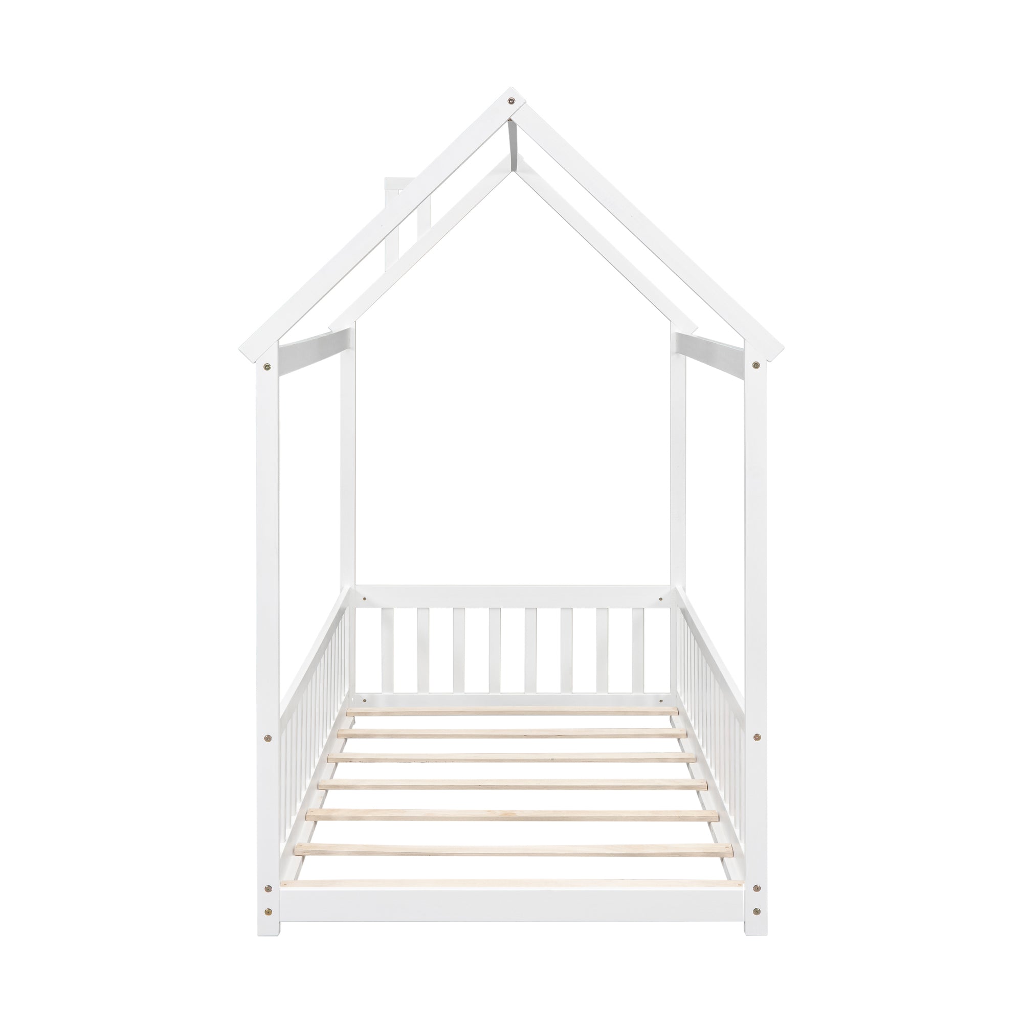 White Twin House Toddler Floor Bed with Guardrails and Slats