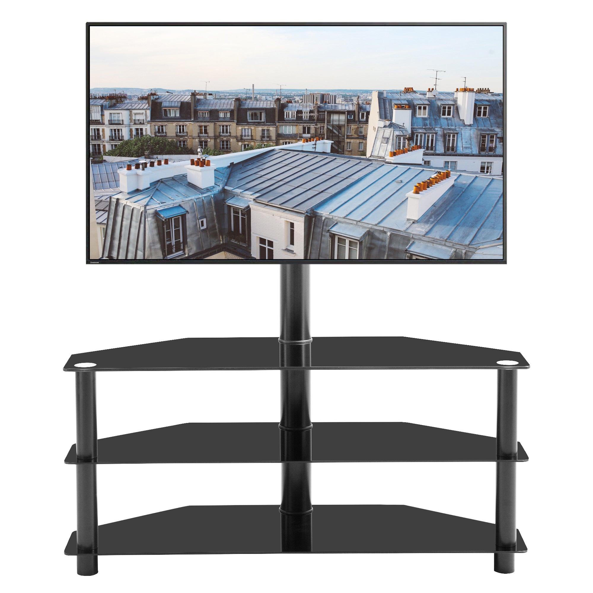 Black Multi-function TV Stand Height Adjustable Bracket Swivel 3-Tier With Tempered Glass Shelves In Black