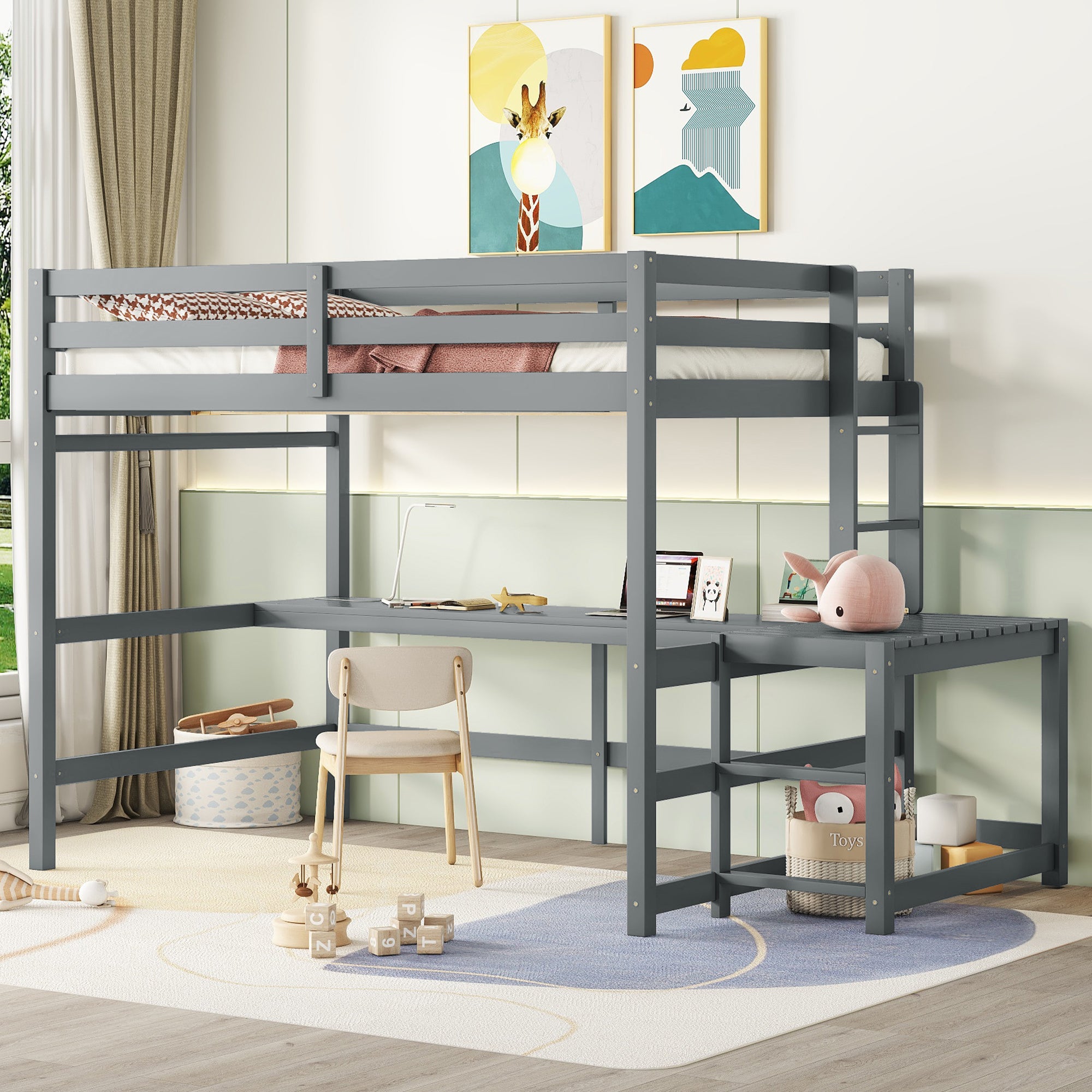 Gray Full Size High Loft Bed with Built-in Desk, Ladder Platform, and Guardrails