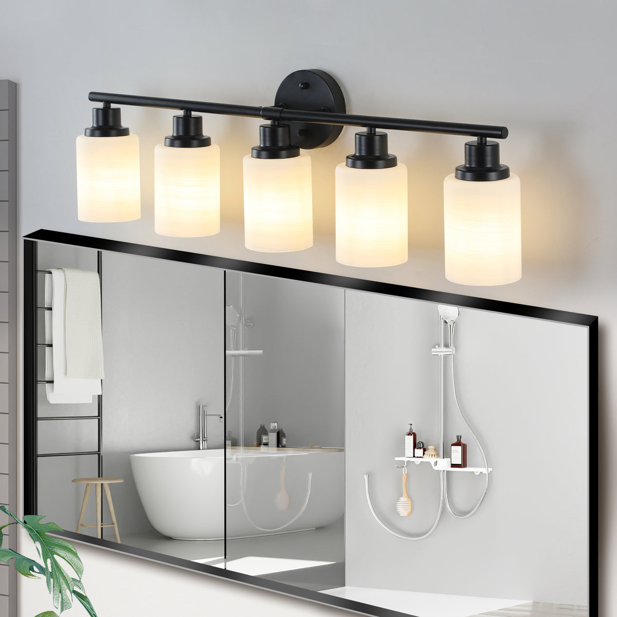 Aestin&#39;s 5-Light Vanity Light With Frosted White Glass with Black Iron Frame