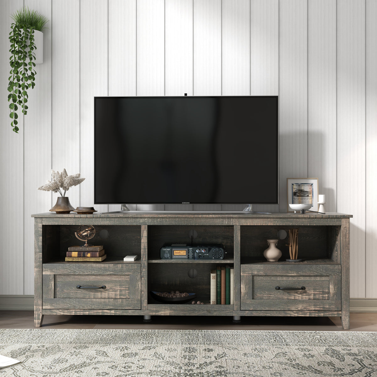 70 Inch Length TV Stand With 2 Drawers And 4 Storage Compartments In Black Pine