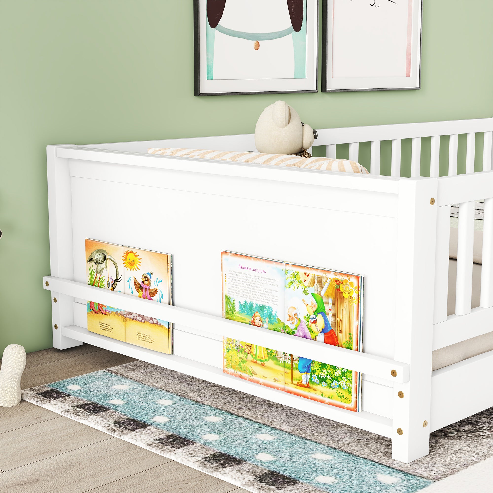 White Twin Toddler Floor Platform Bed with Built-in Book Storage Rack and Door