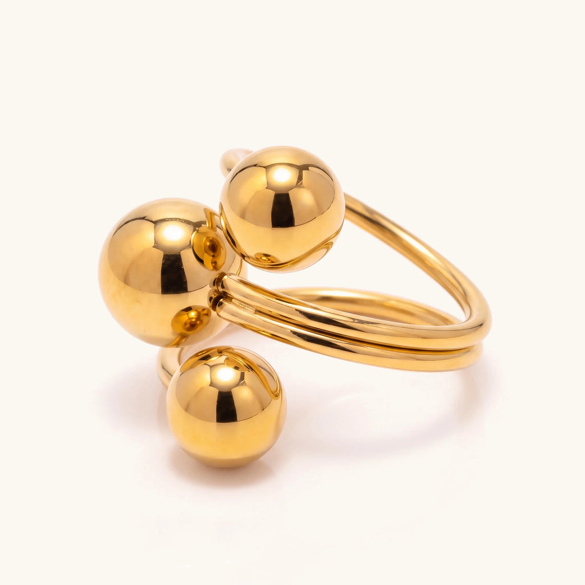 18k Bold Three Ball Open Ring in gold, side view of the double band