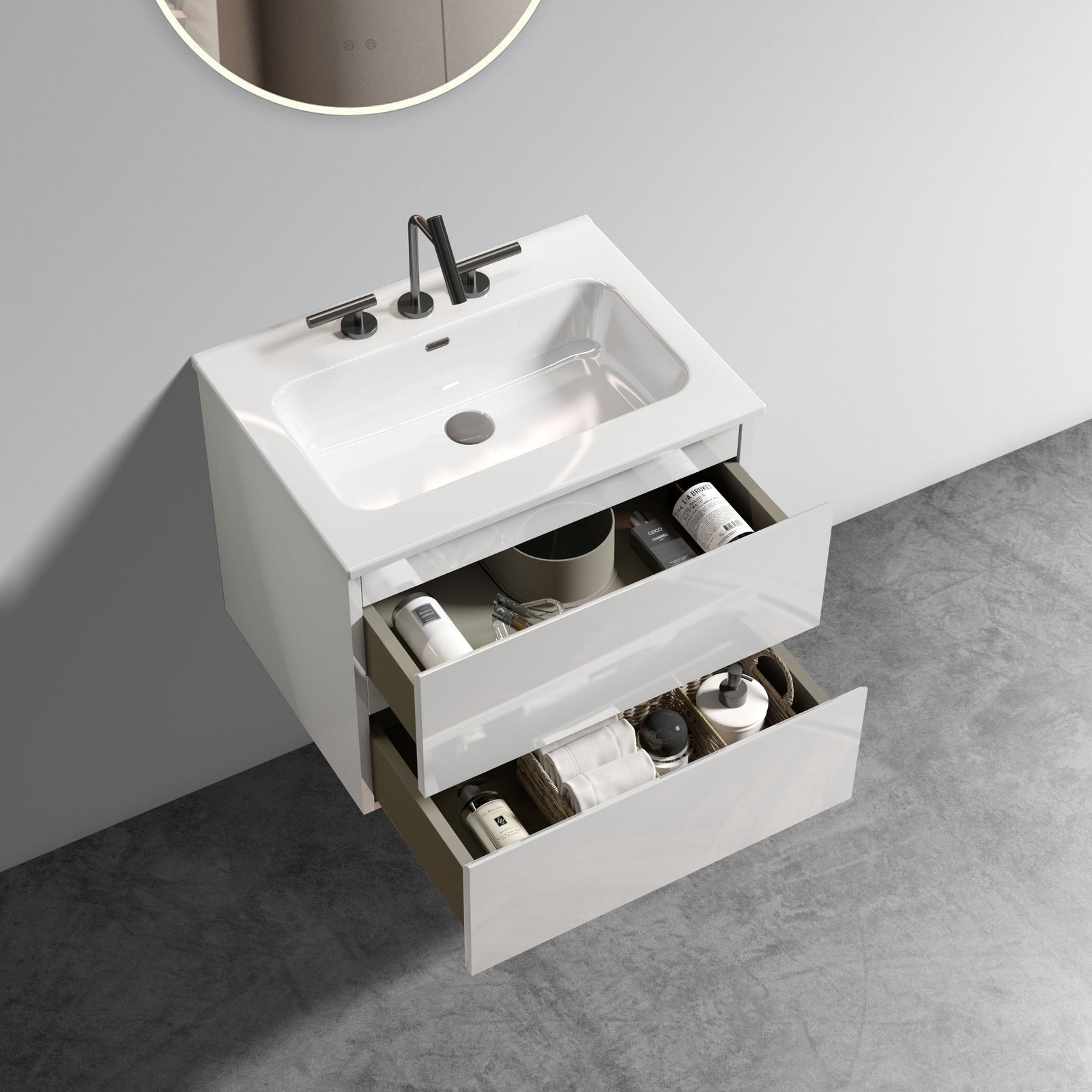 THE FURNITURE CO. Vanity Default 24 Inch Wall Mount White Glossy Bathroom Vanity with Ceramic Sink Three Faucet Holes Large Storage Floating Design In White