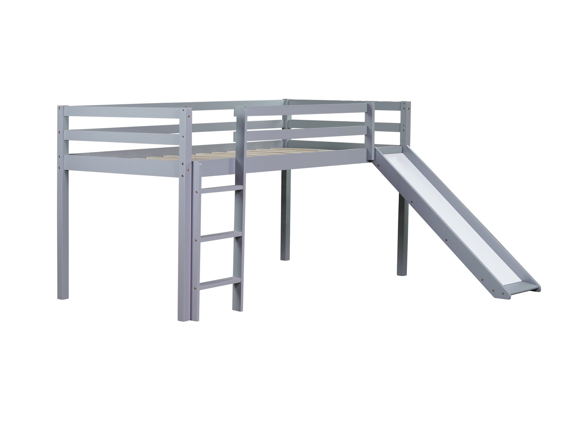 Gray Twin Low Loft Bed with Slide, Ladder, and Guardrails