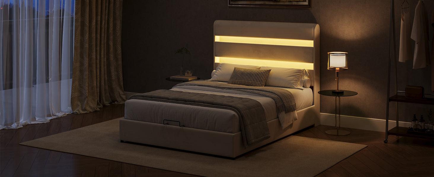 King Size Hydraulic Beige Velvet Upholstered Bed With Storage and LED Lighting