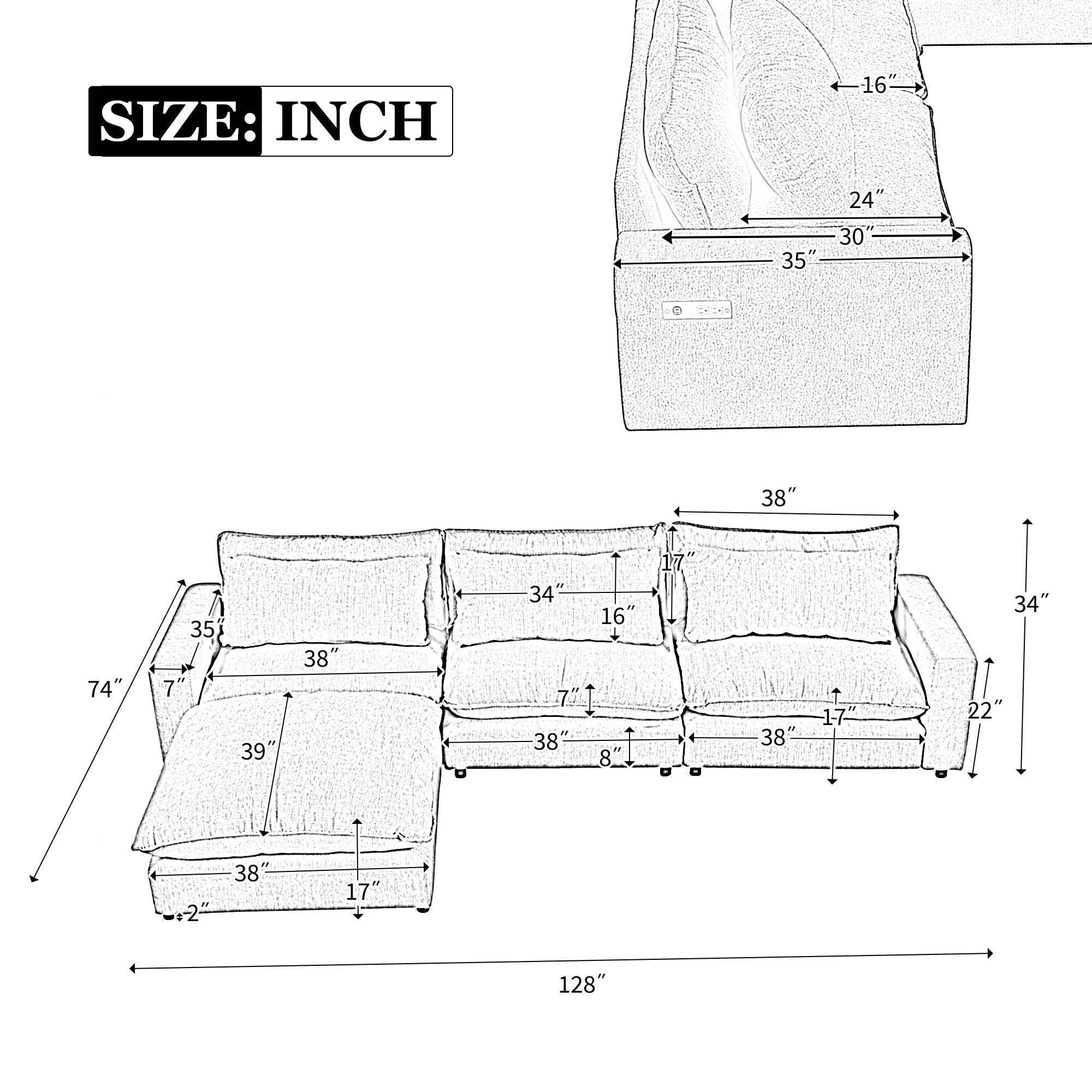 Lisbon Sectional Sofa with Movable Ottoman in Grey