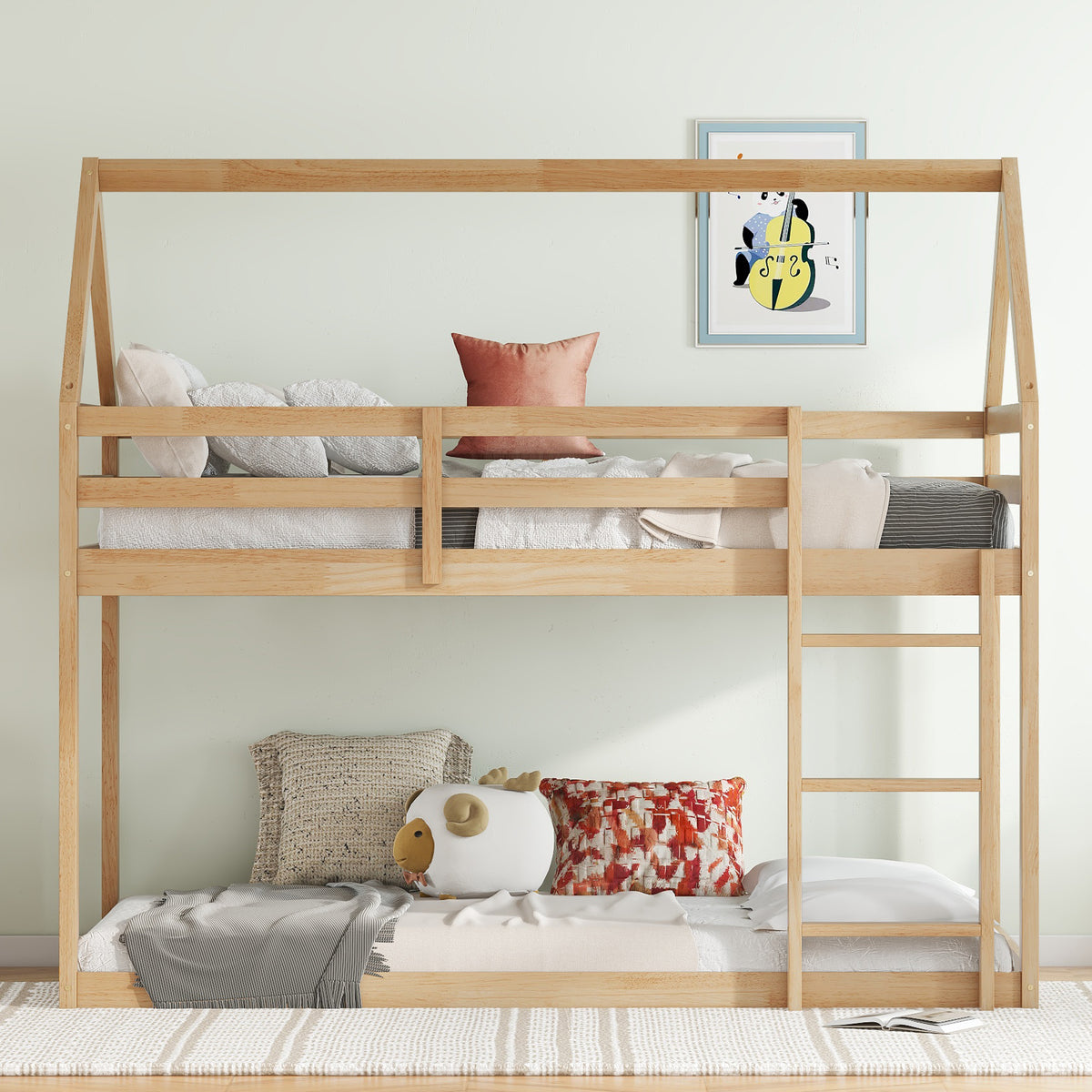 White Oak Twin Over Twin Rubber Wood House-Shaped Bunk Bed with Ladder &amp; Guardrails