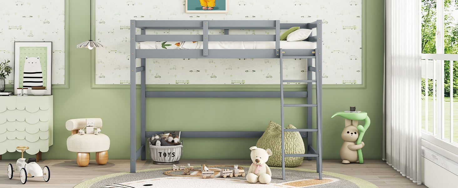 Gray Twin Size High Loft Bed with Inclined Ladder and Guardrails