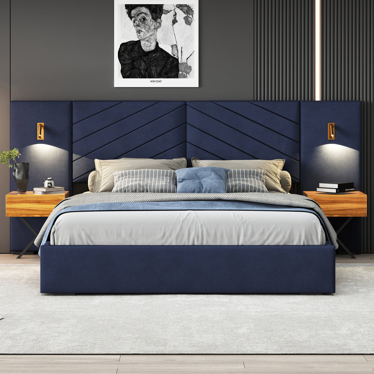 King Size Velvet Bed Frame With Wingback Headboard Strong Wooden Slats Easy Assembly In Royal Blue