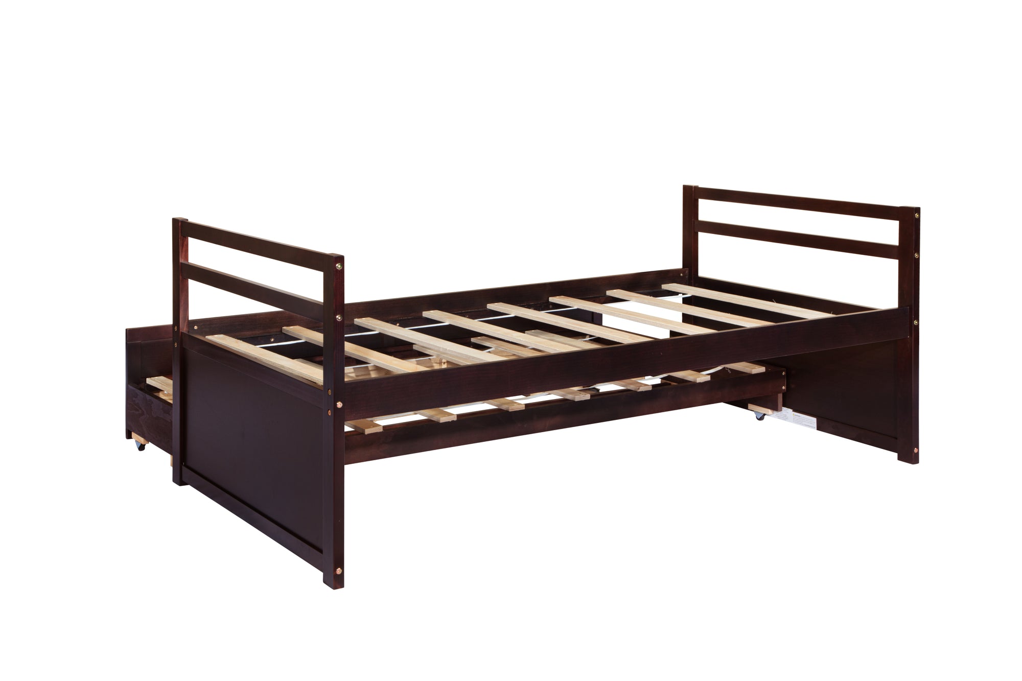 Espresso Pine Twin Size Bed with Headboard, Footboard, Trundle, and Three Storage Drawers