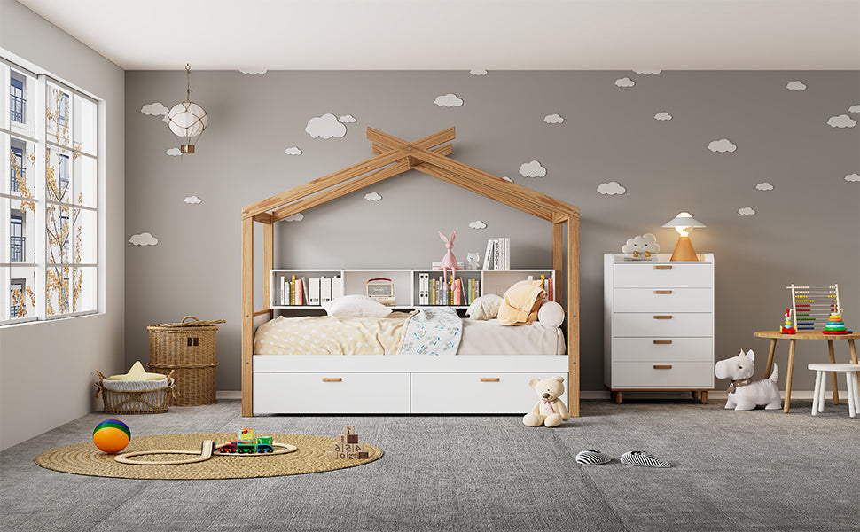 Full-Size House Bed with Storage Drawers and Bookshelves