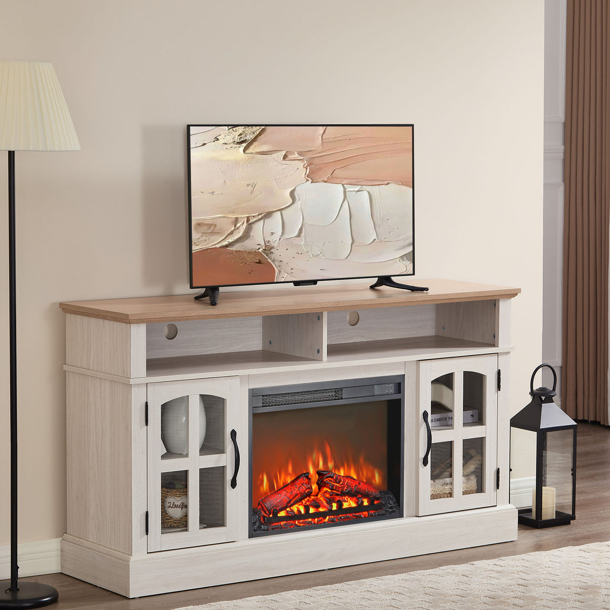 58&quot; Jasmin White Fireplace TV Stand with 23&quot; Electric Fireplace for TVs Up to 70&quot;