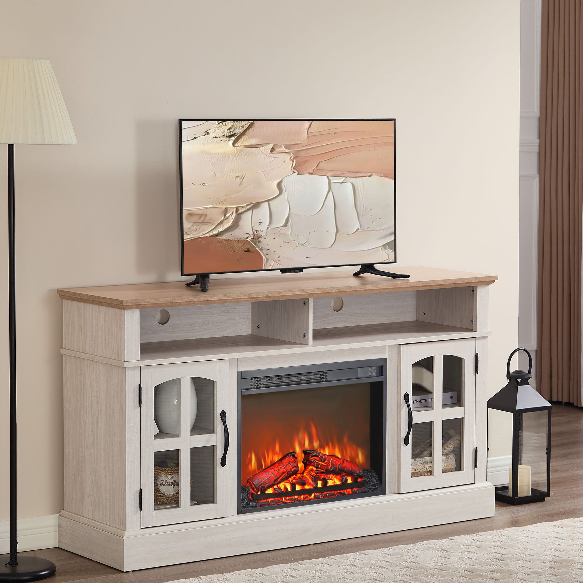 58 Inch Fireplace TV Stand with 23 Inch Electric Fireplace Media Console Cabinet for TVs Up to 70 Inch In Jasmine White