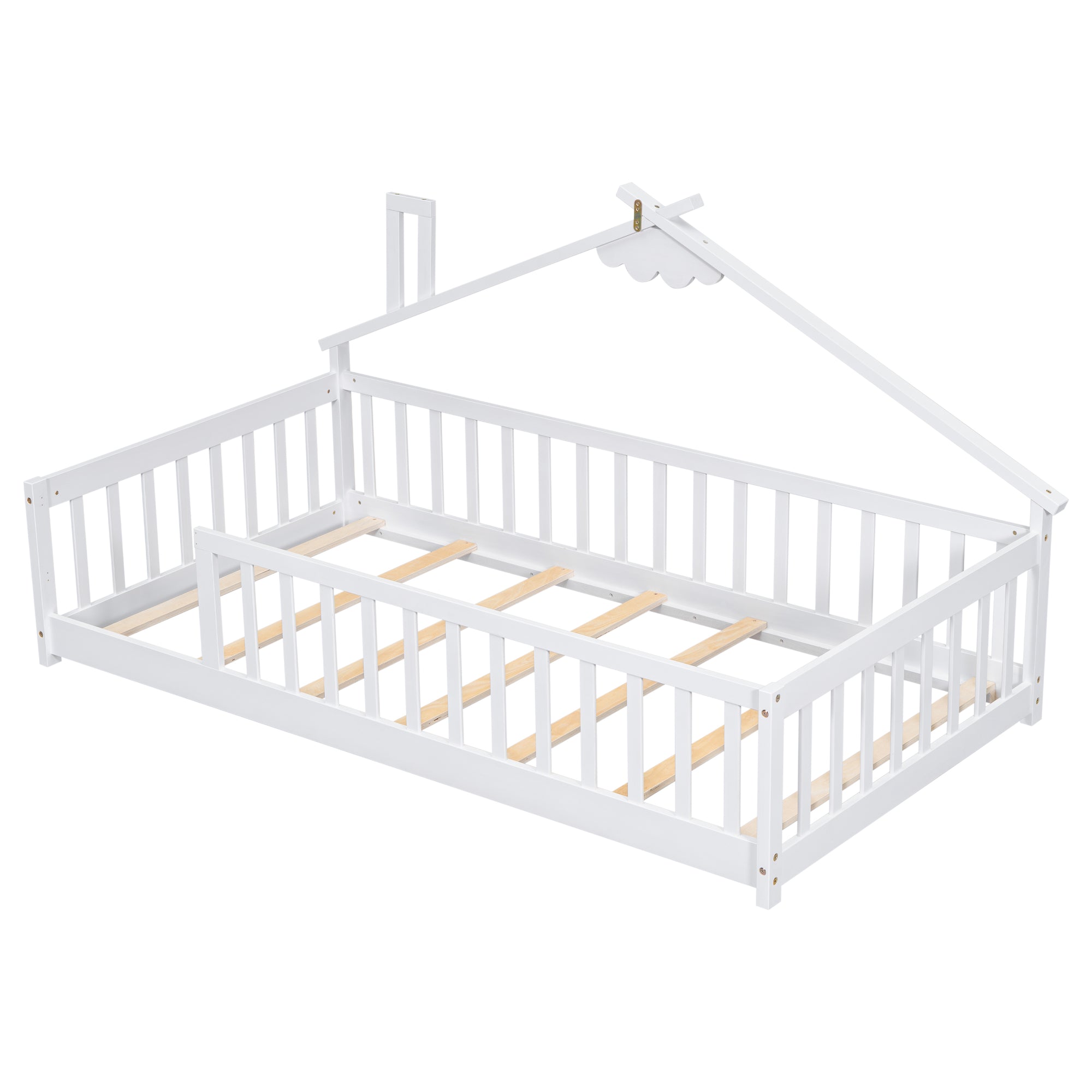 Twin House-Shaped Toddler Floor Bed with Guardrails and Slats