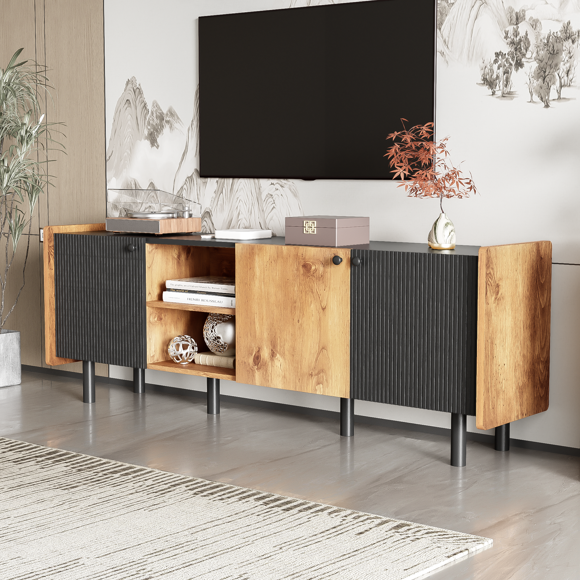 Mid Century TV Stand with 3 Cabinets for TVs up to 70 Inch, Media Console Table with Ample Storage In Black and Brown