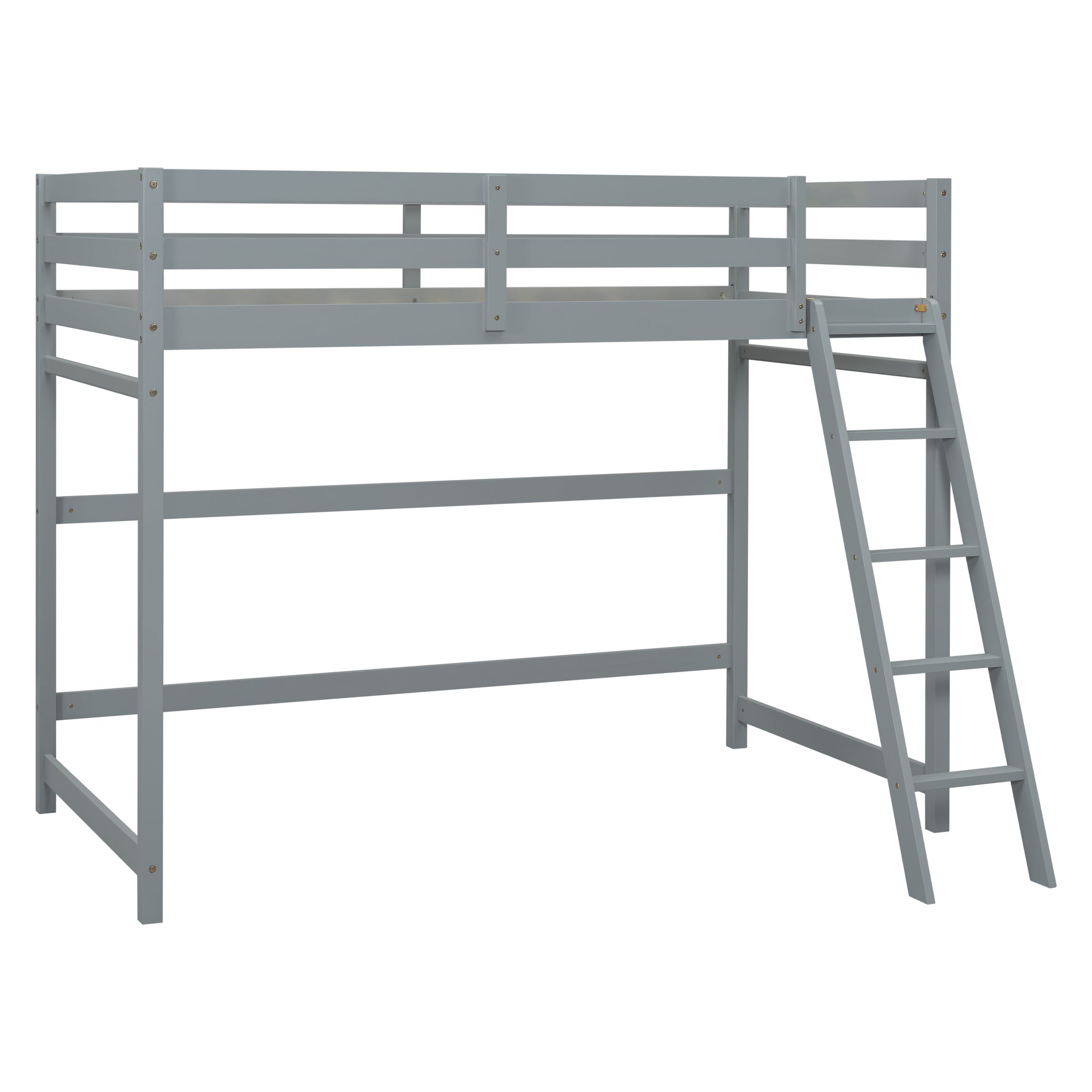 Gray Twin Size High Loft Bed with Inclined Ladder and Guardrails