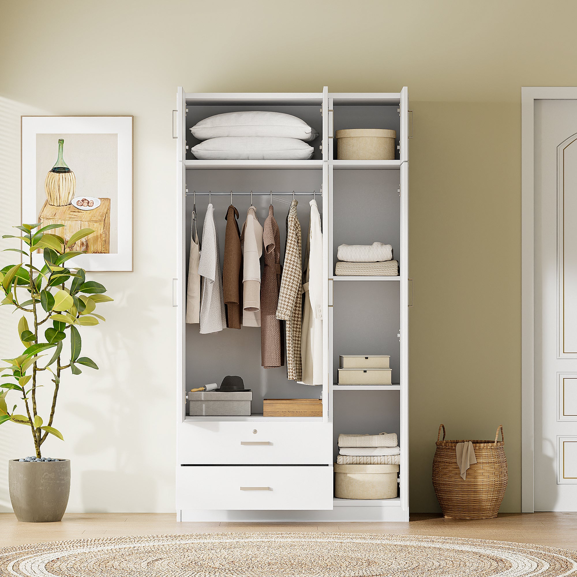 Modern 3-Door Mirror Wardrobe with 2 Drawers and Top Cabinet In White