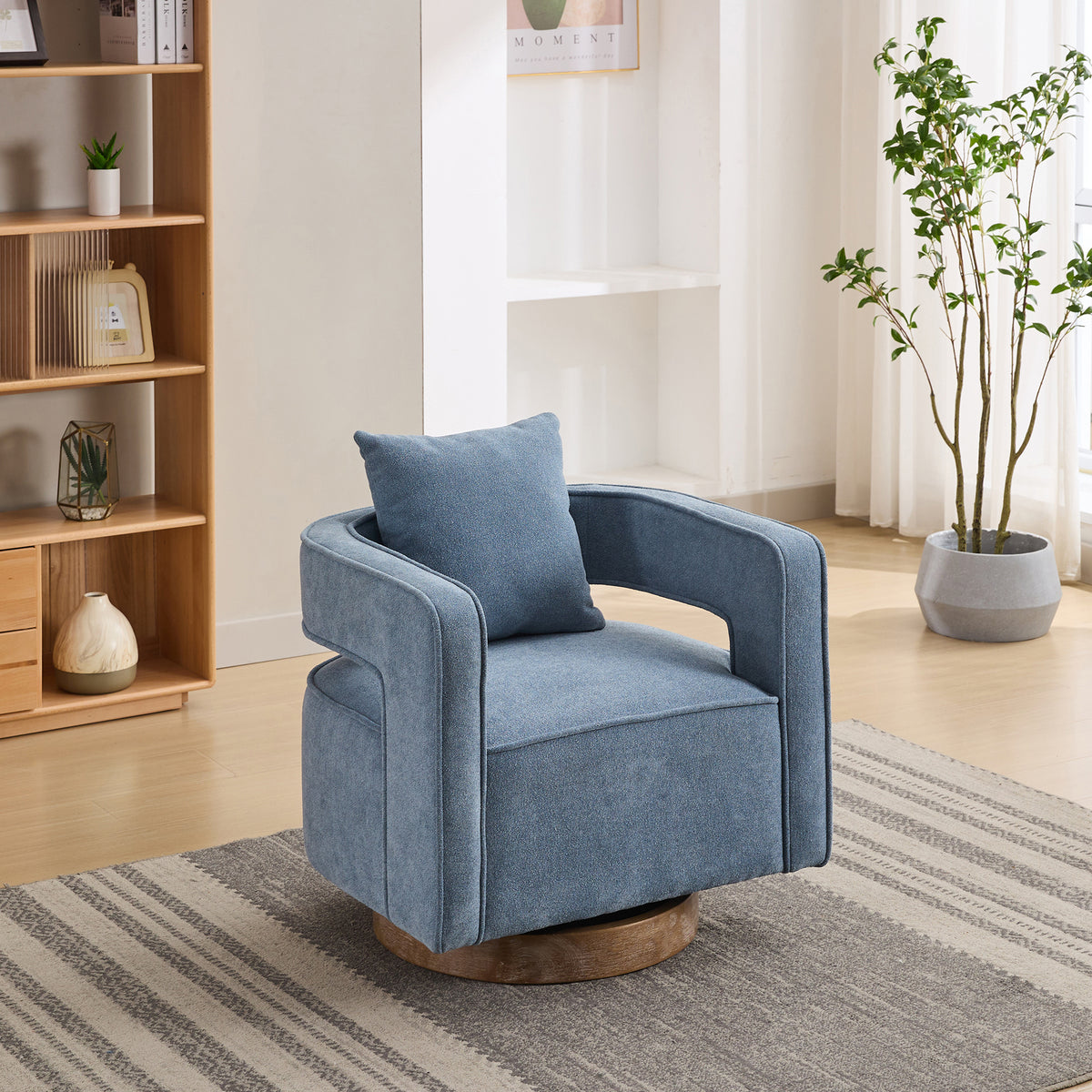 Open Back Blue Linen Blend Swivel Accent Chair With Weathered Base