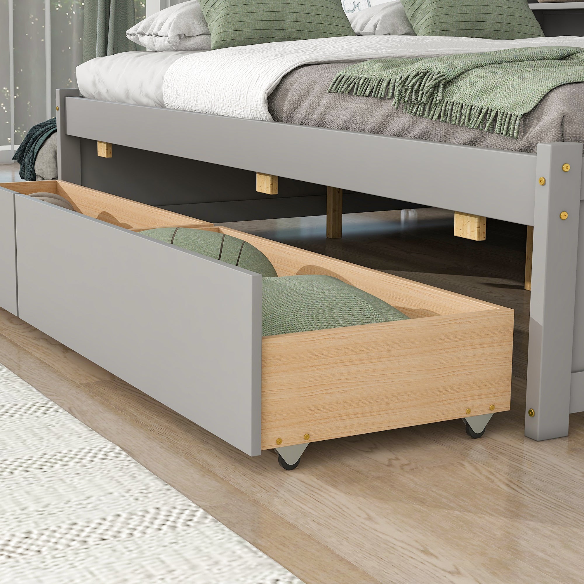 Full Bed with Side Bookcase & Drawers In Gray