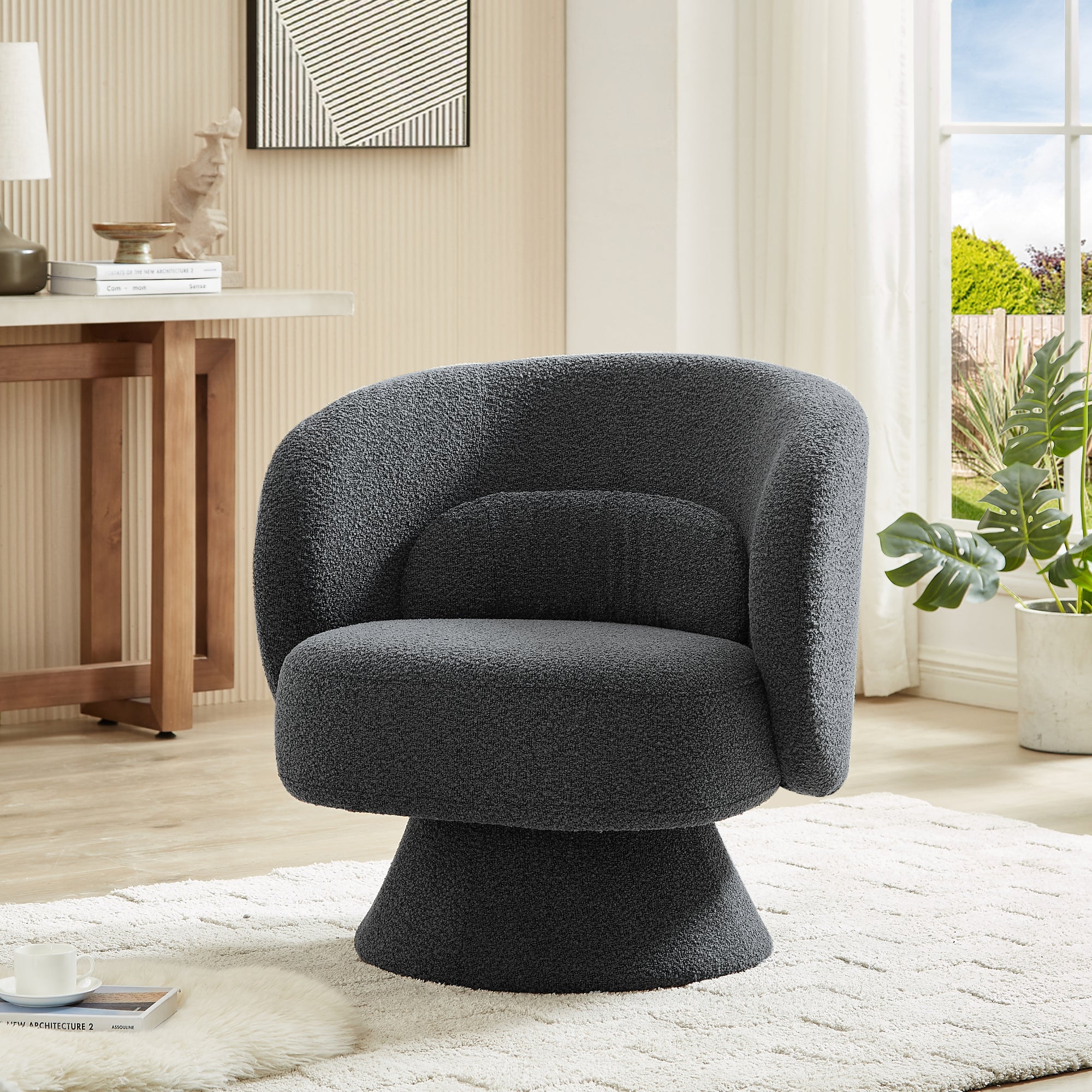 360 Degree Swivel Sherpa Accent Chair, Modern Barrel Chair with Toss Pillows, Dark Grey, Ideal for Home Office, Living Room, Bedroom