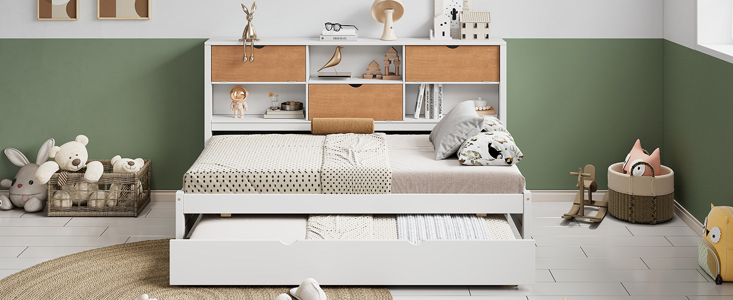 White & Walnut Twin Modern Daybed with Storage Cabinets and Trundle