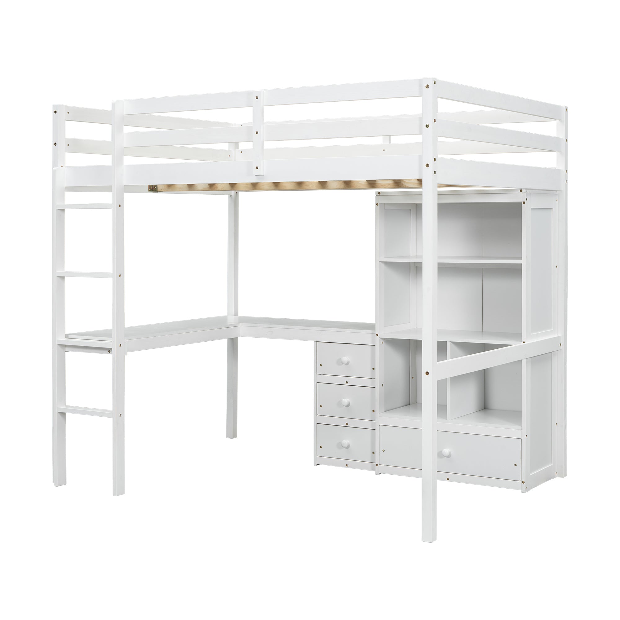 White Full Size Loft Bed with Desk, Storage Shelves, Drawers, and Built-in Ladder