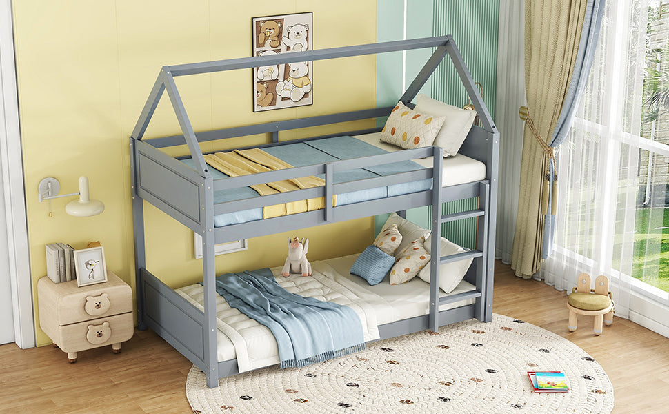 Light Gray Twin Over Twin House Floor Bunk Bed