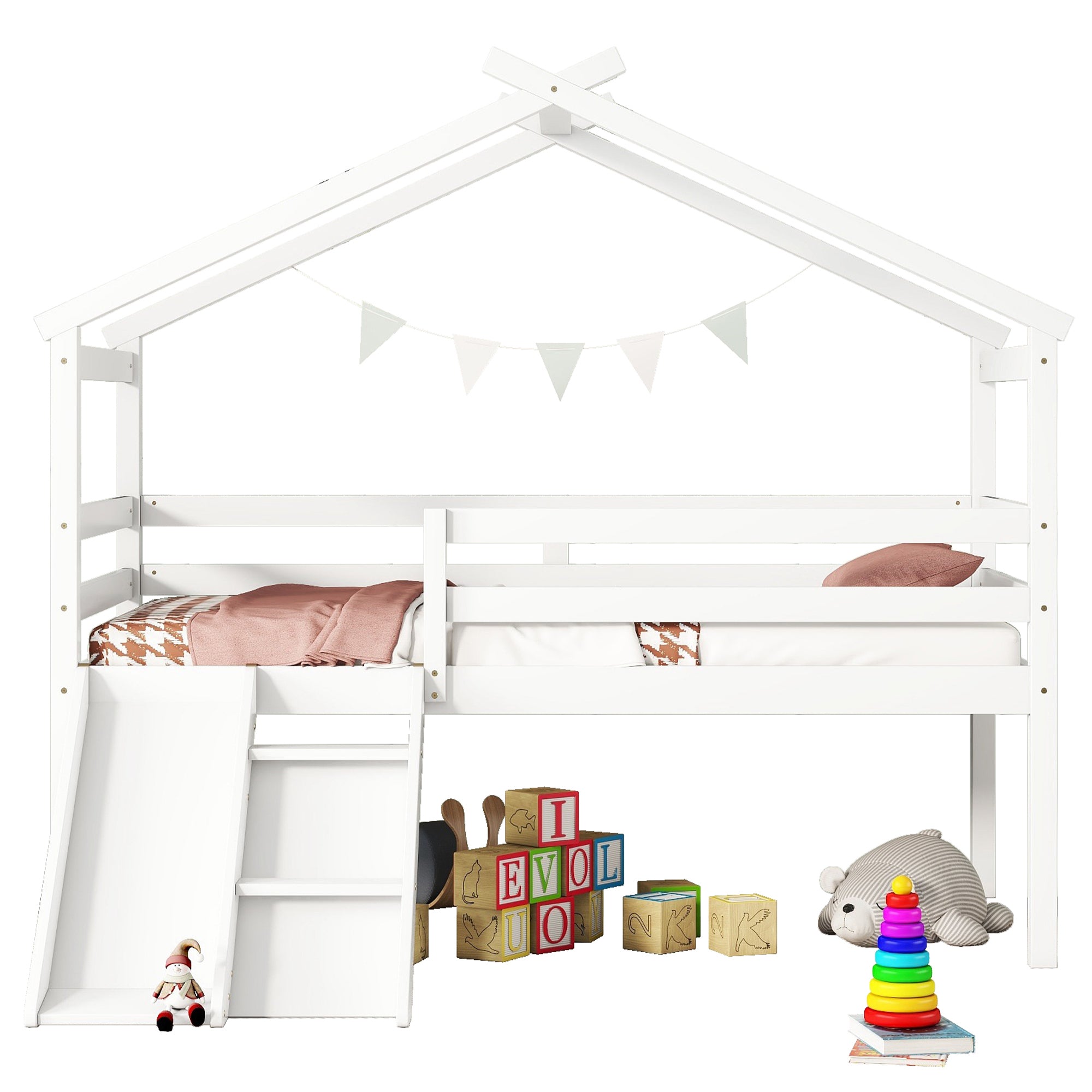 White Twin Low Loft House Bed with Slide and Ladder