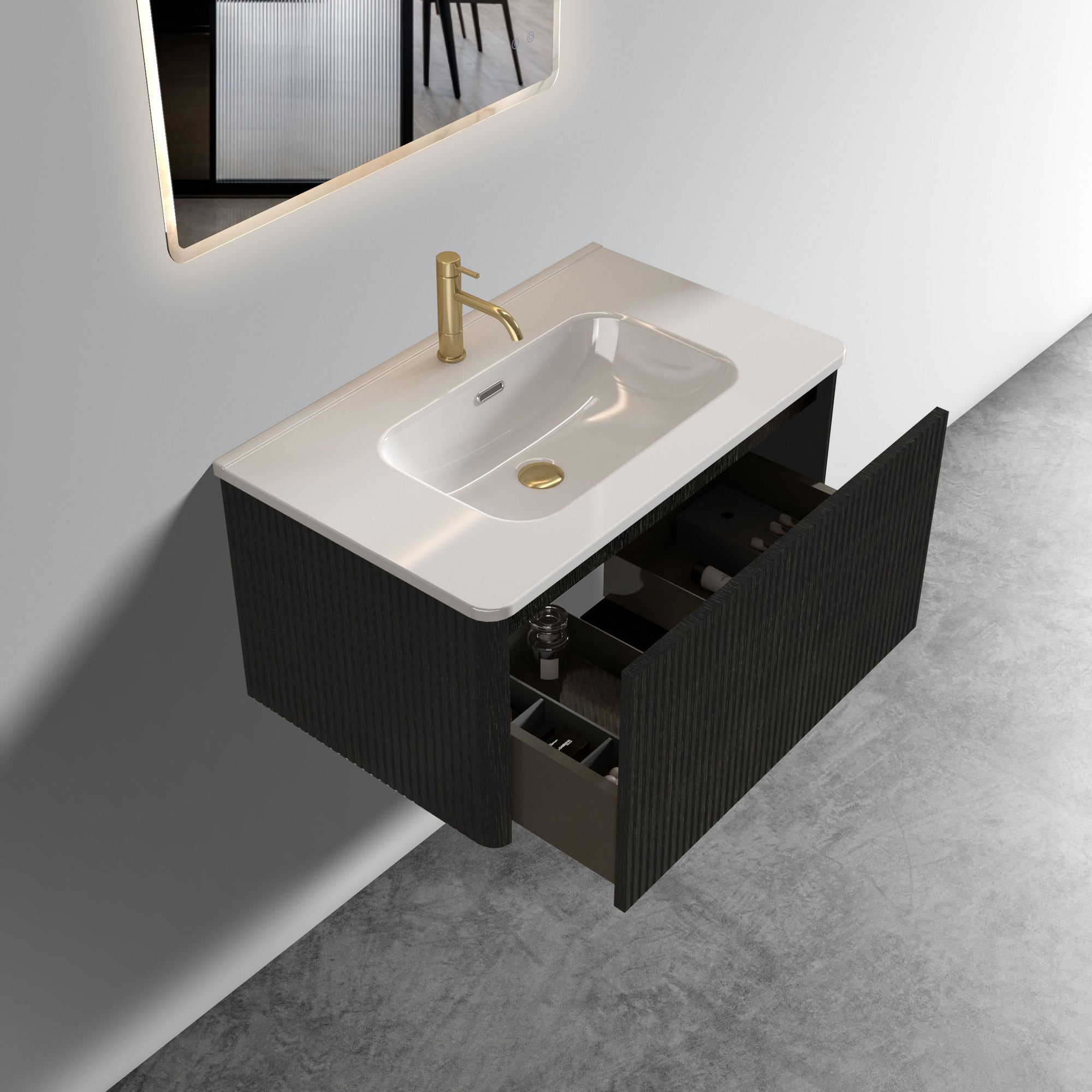 Striped Brushed Black Oak Floating Bathroom Vanity with White Ceramic Sink In Black