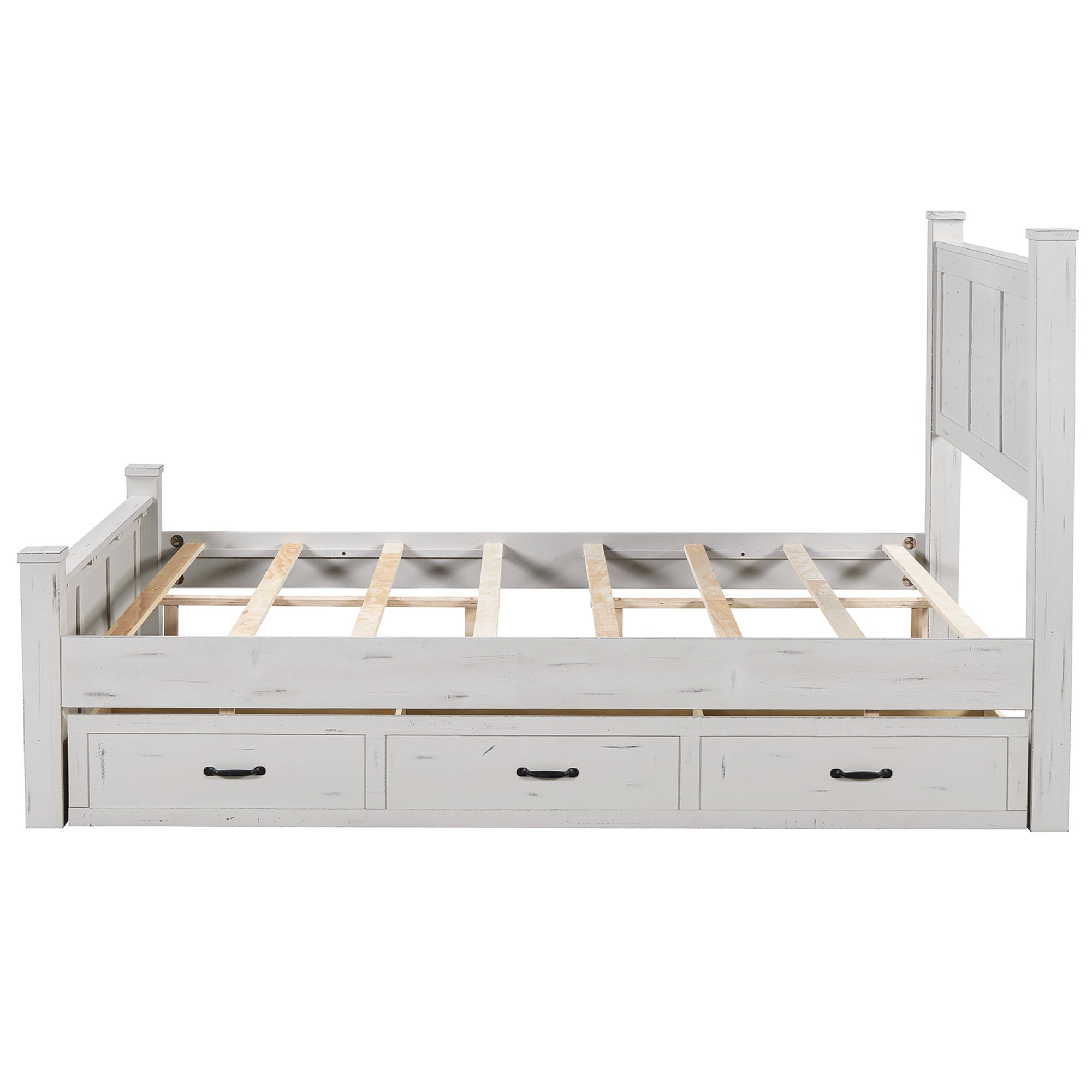 Ancient White Queen Size Farmhouse Bed Frame with Storage Drawers