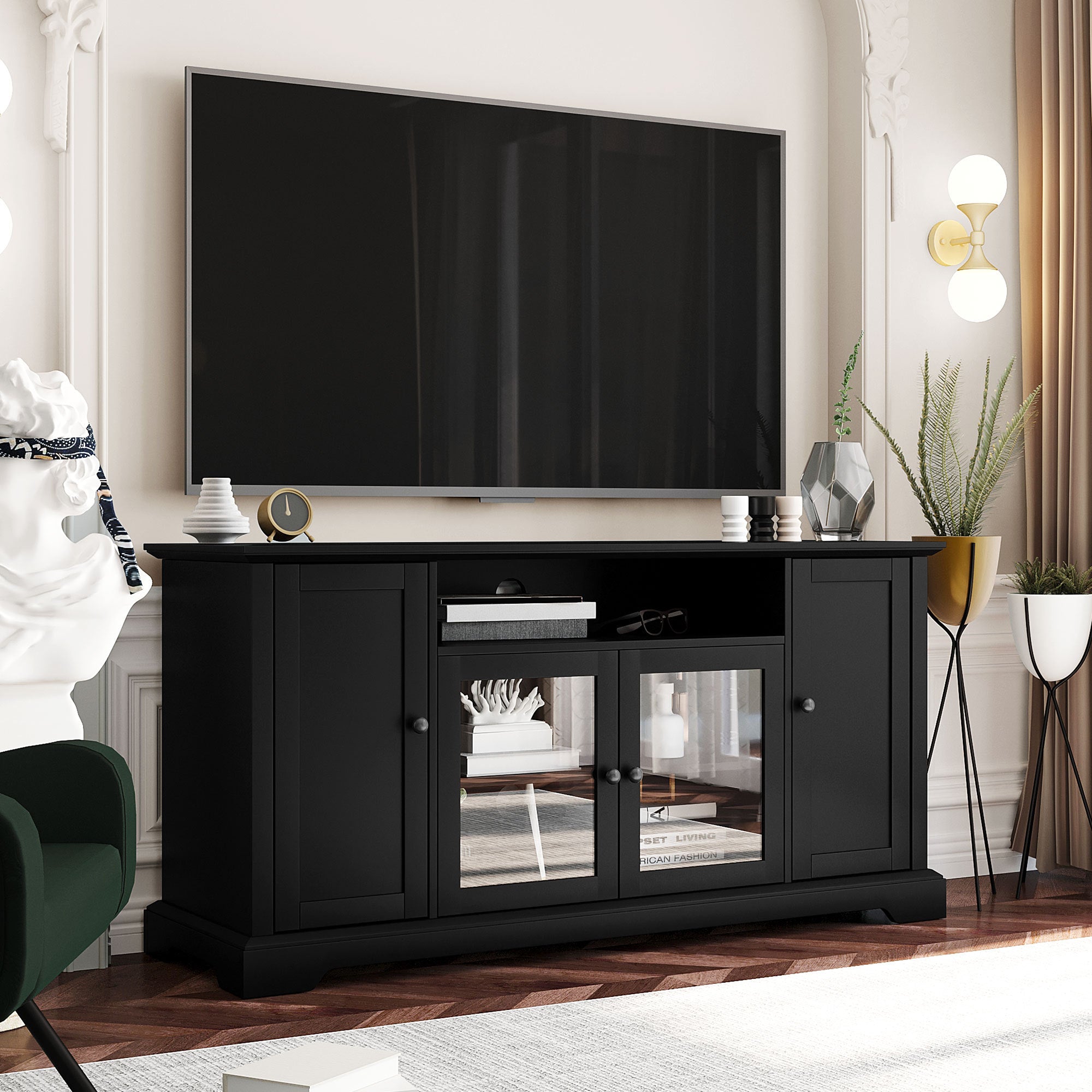 TV Stand for TV Up to 65in with Glass Doors and Adjustable Panels In Black