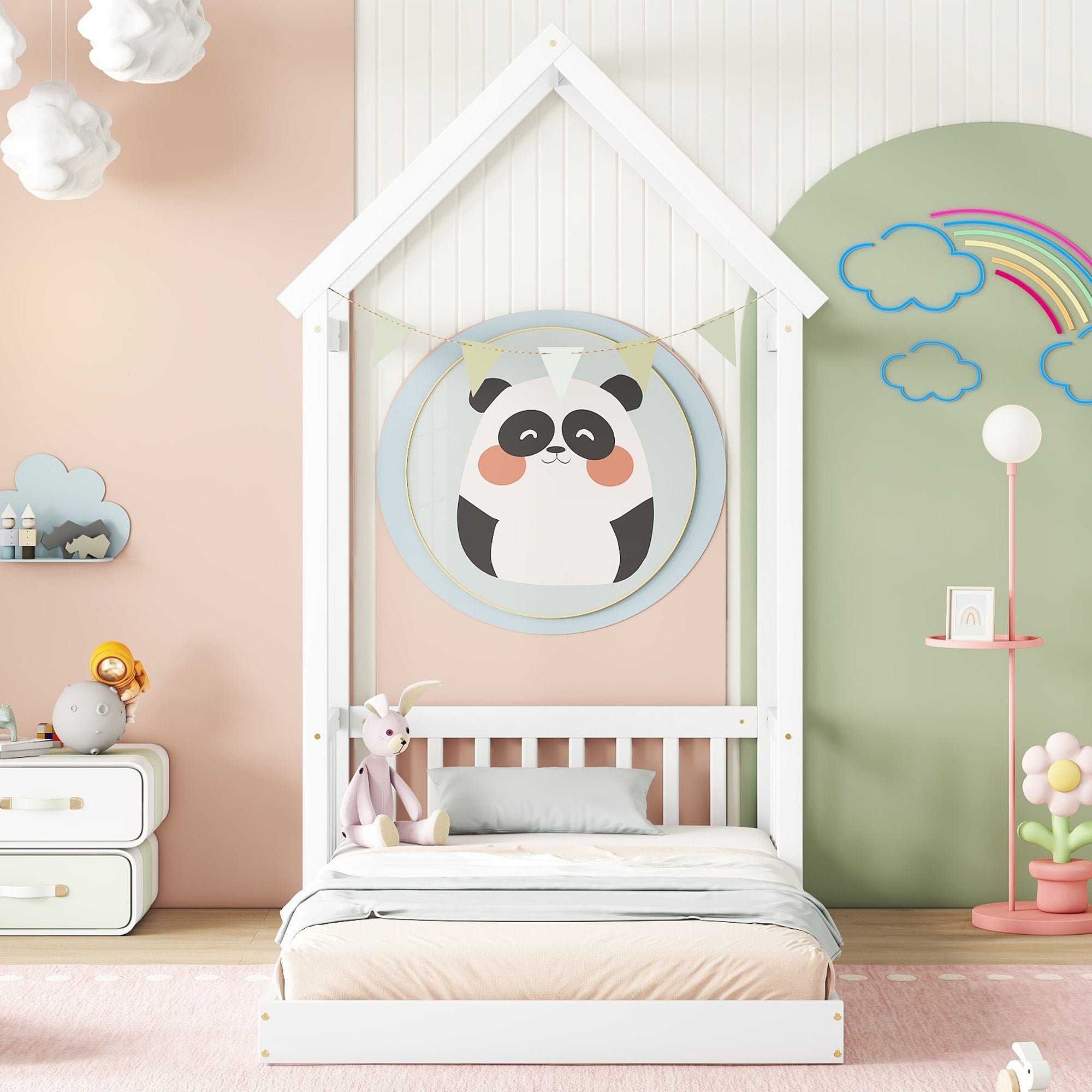 White Twin House-Shaped Roof Headboard Toddler Floor Bed