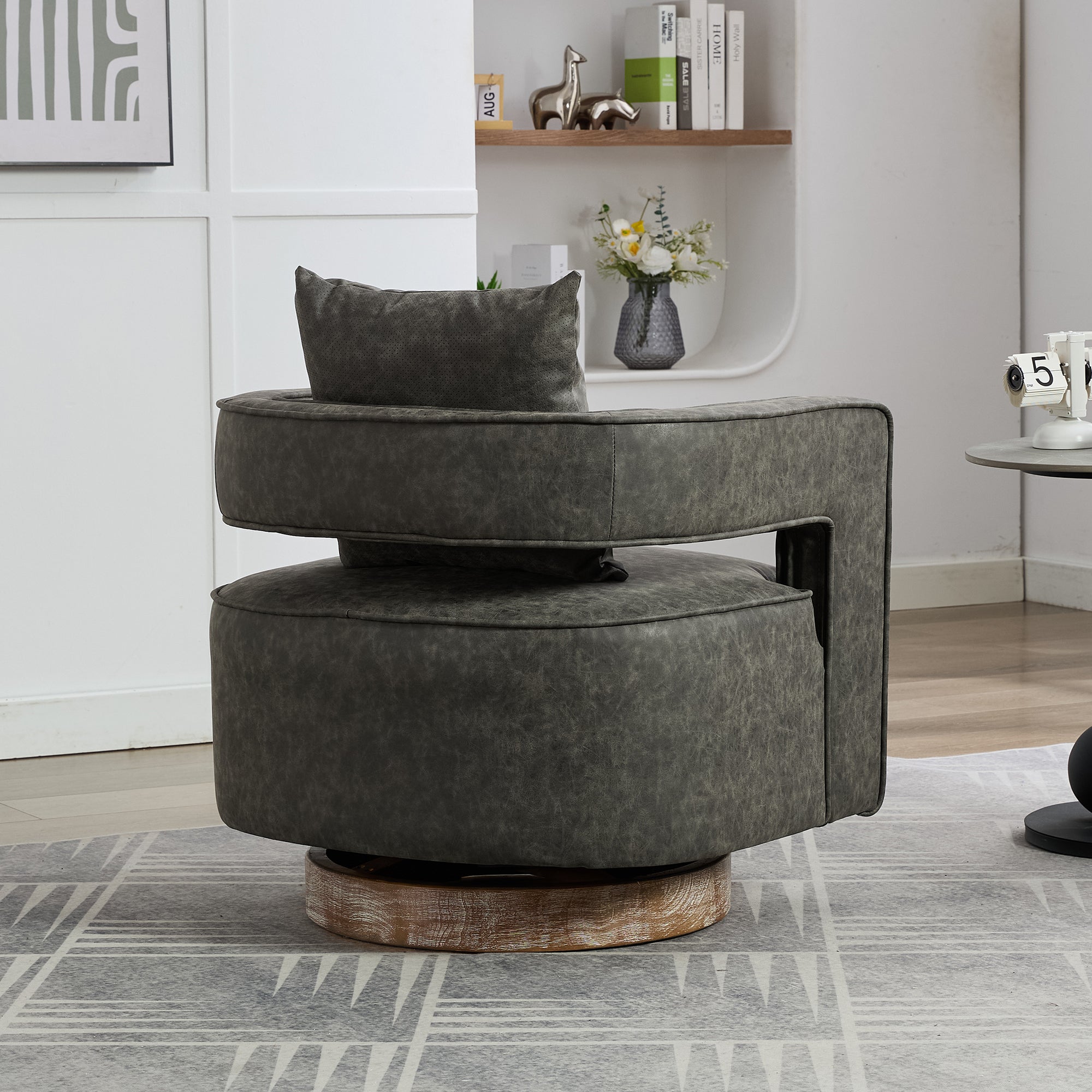 Futuristic Open Back Gray Swivel Accent Chair with Weathered Solid Wood Base