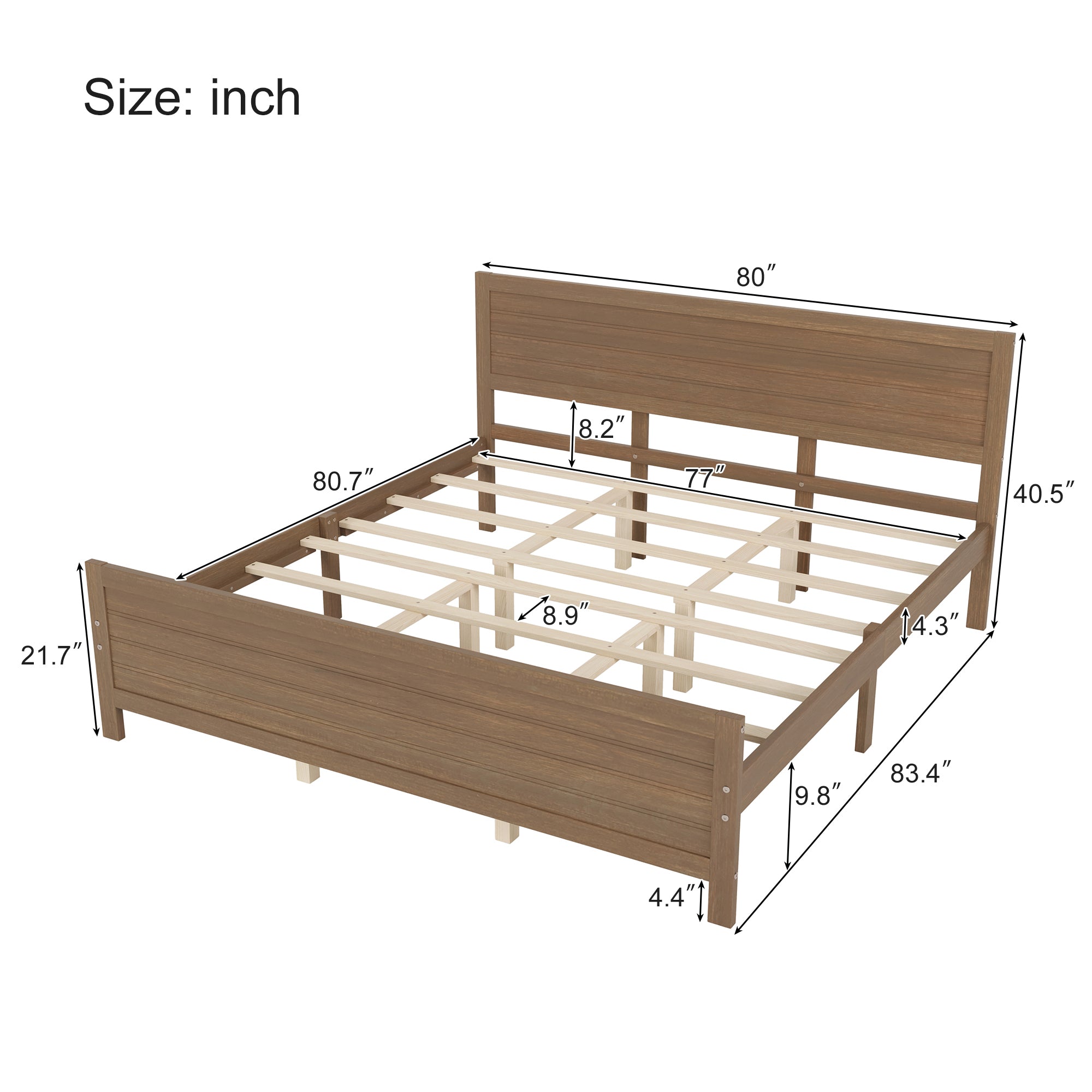 King Size Walnut Wooden Platform Bed Frame