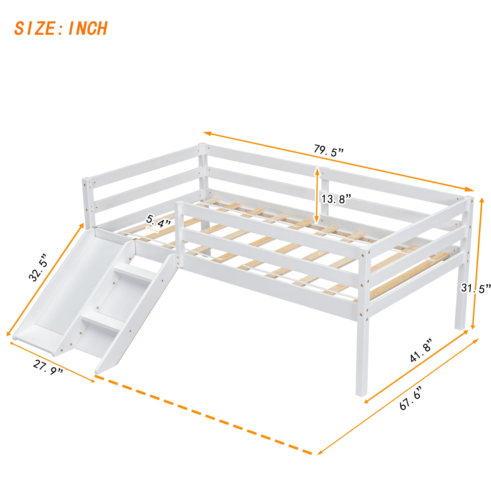 Twin Size Low Loft Bed with Slide, Ladder & Safety Guardrails in White