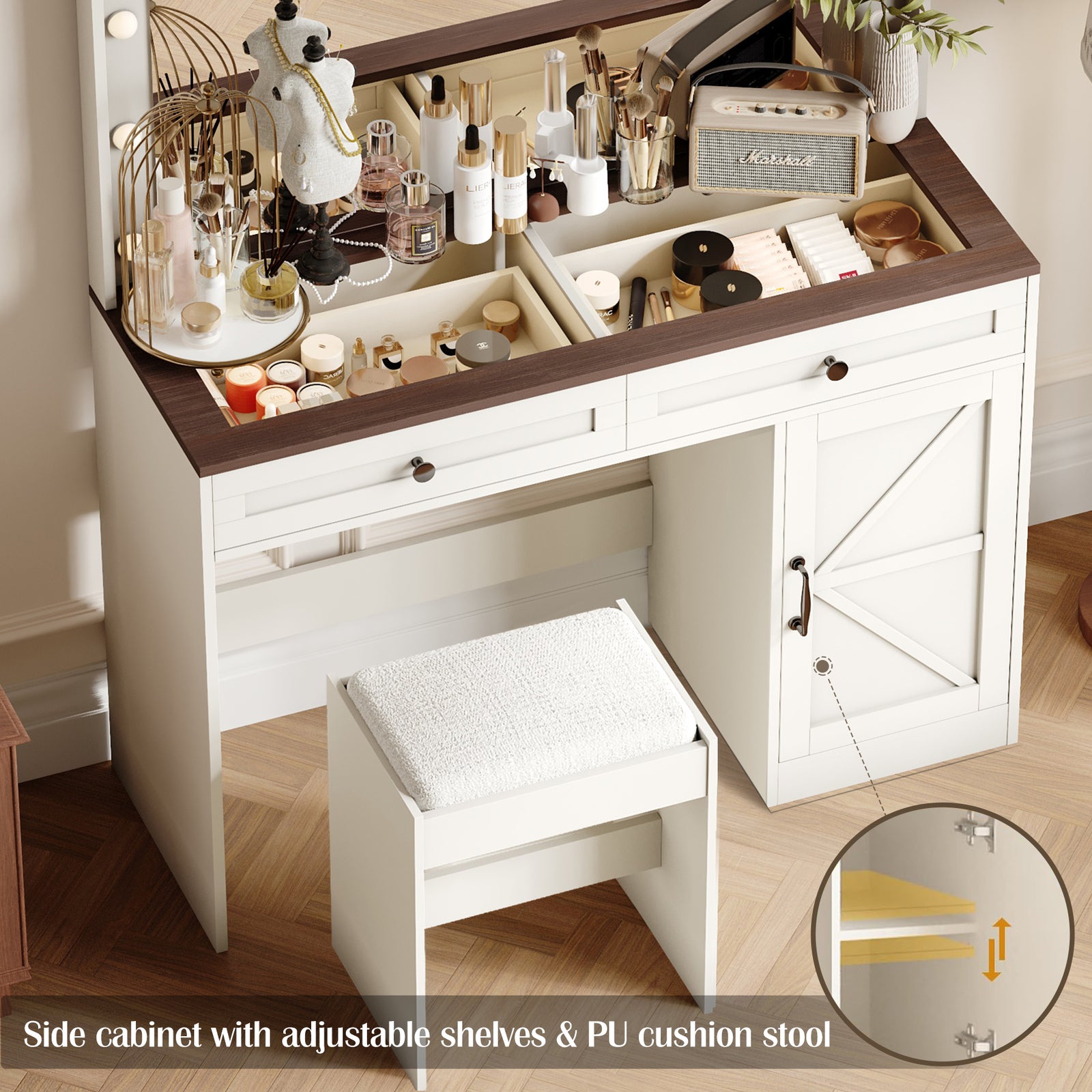 THE FURNITURE CO. Vanity Default 43.4 Inch Makeup Vanity Table with Large Mirror and 11 LED Lights Brightness Adjustable Dressing Table with 3 Drawers In White