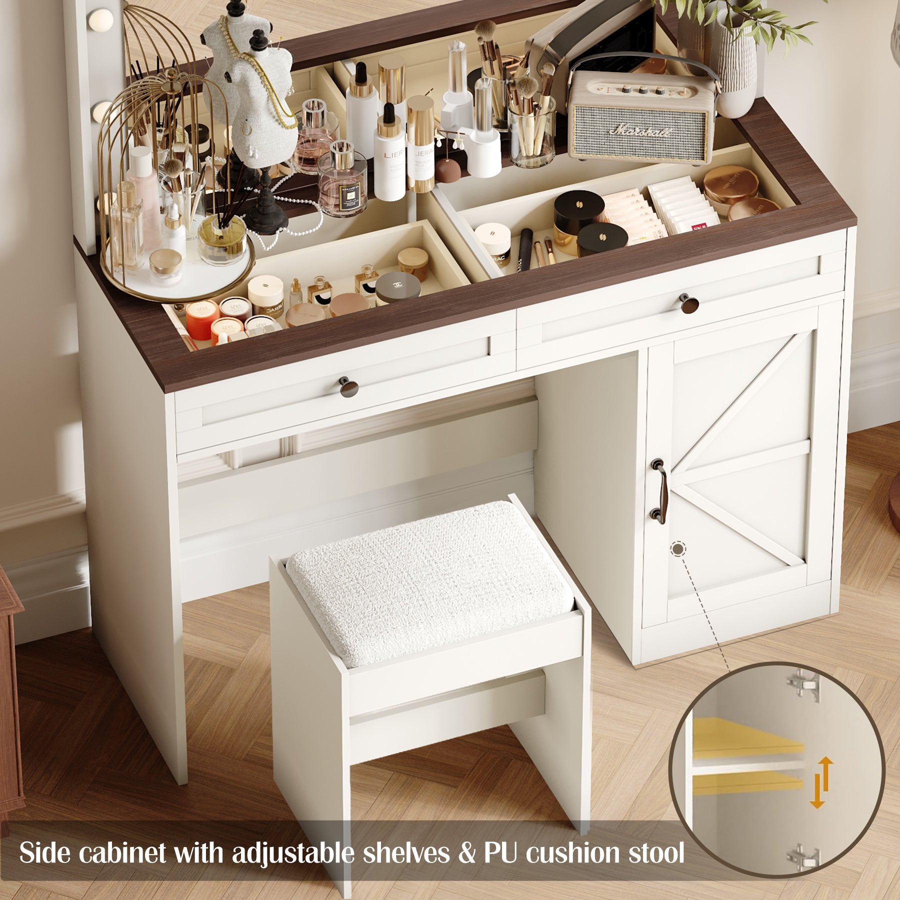 43.4 Inch Makeup Vanity Table with Large Mirror and 11 LED Lights Brightness Adjustable Dressing Table with 3 Drawers In White