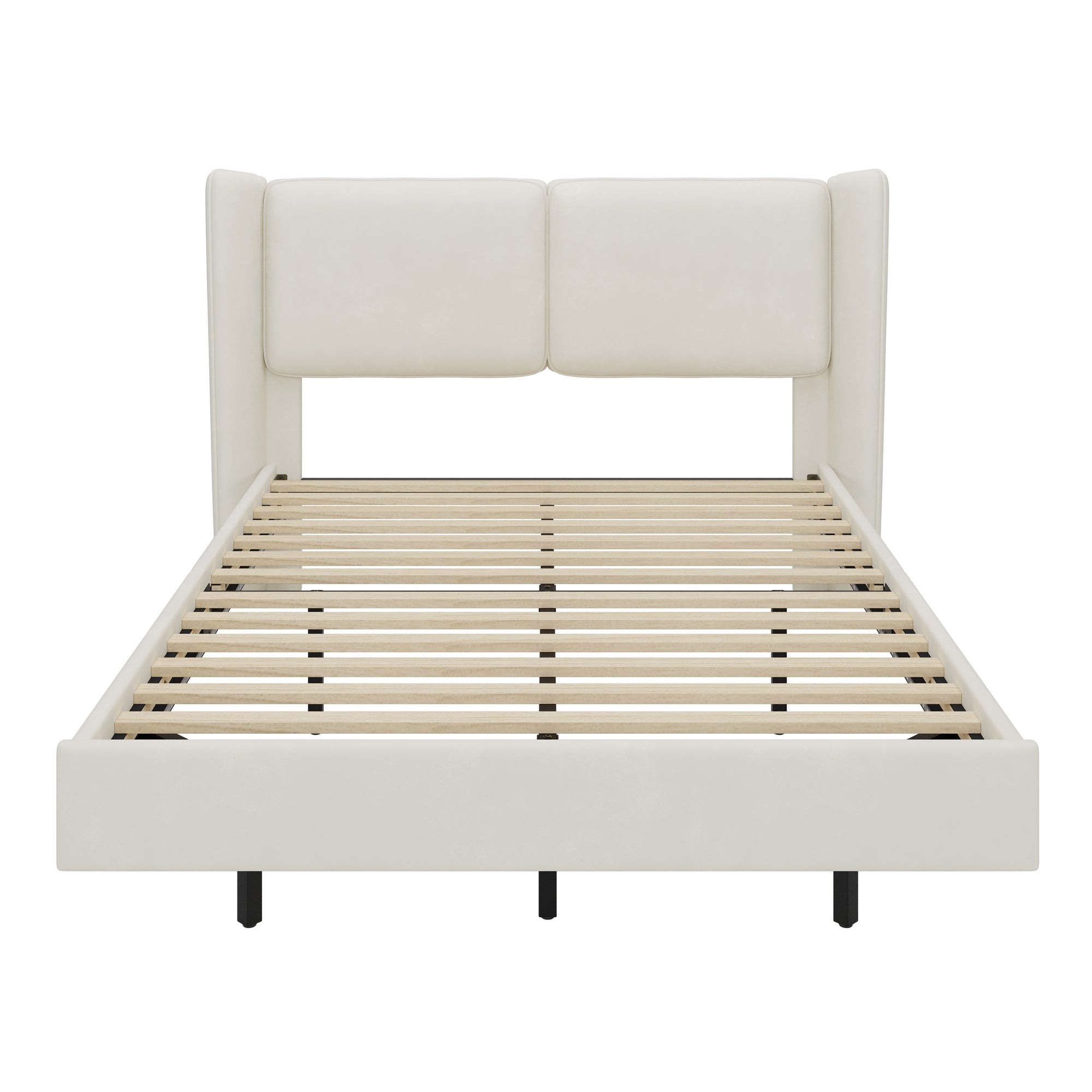 Queen Velvet Floating Platform Bed Frame with LED Lights in Beige