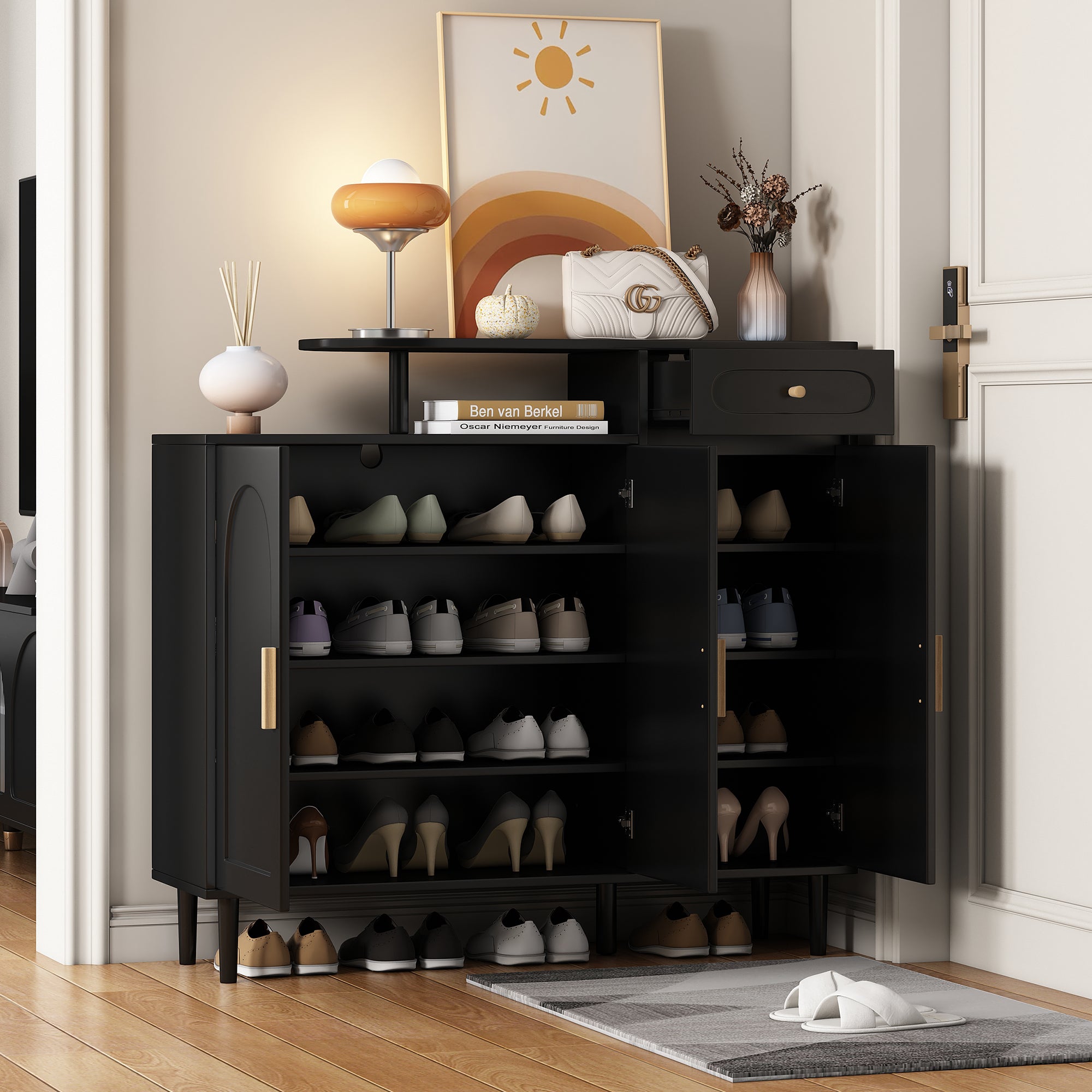 Shoe Cabinet with Arched Doors and Drawer, Cream Style Storage Sideboard with Adjustable Shelves In Black