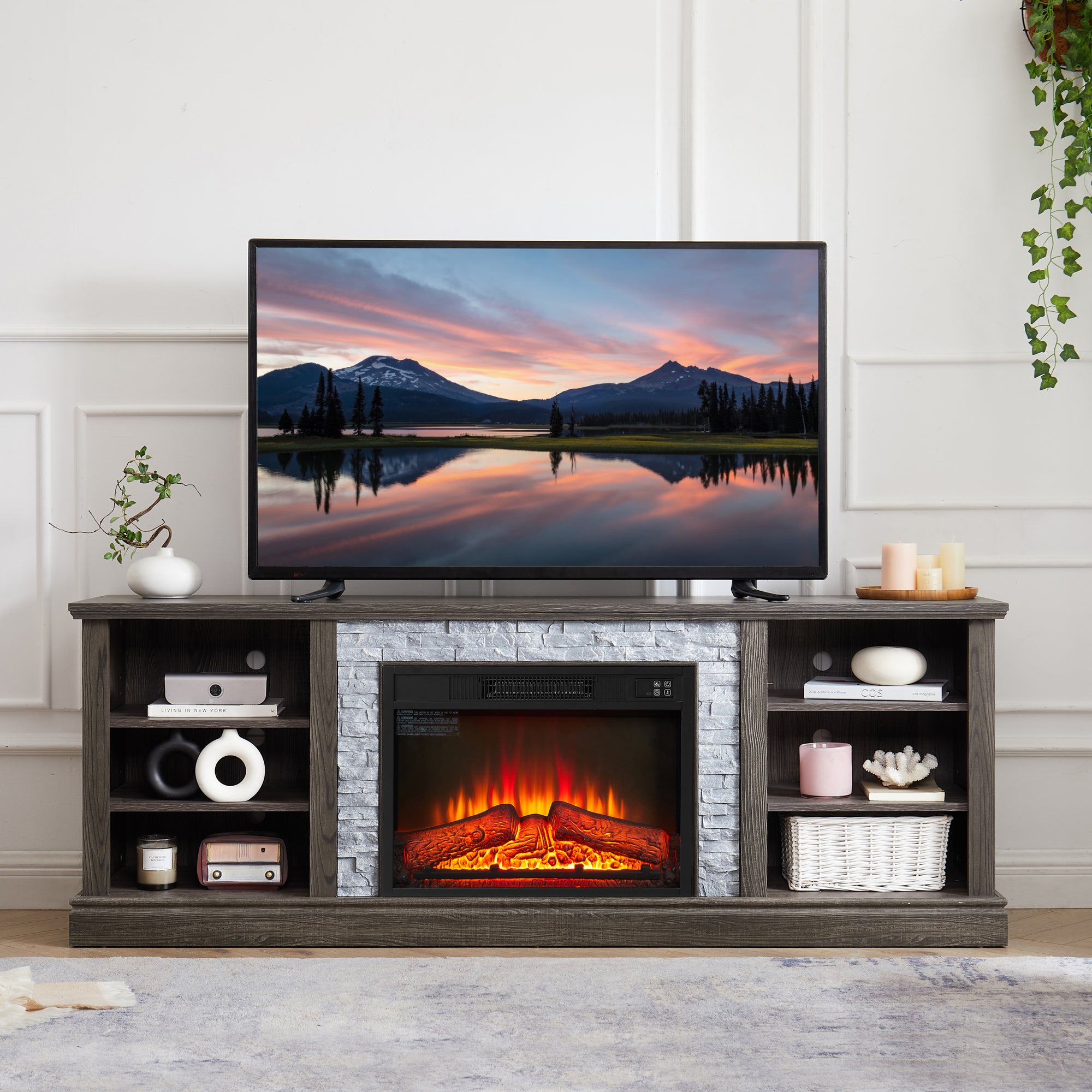 Large TV Desk Storage Rack with Faux Stone Surround Media Console Table with Fireplace Insert In Grey