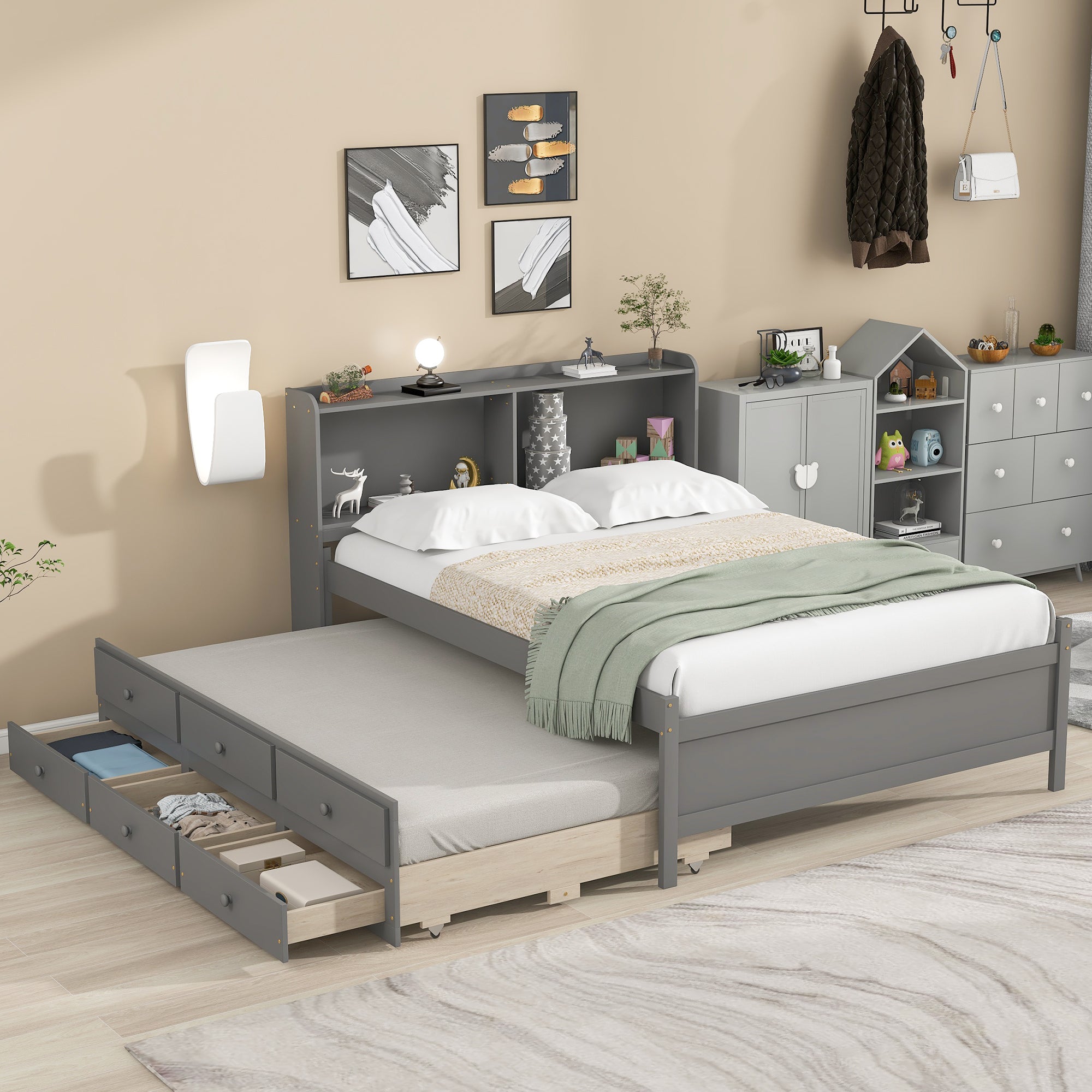 Gray Full Bed with Bookcase, Twin Trundle, and Drawers