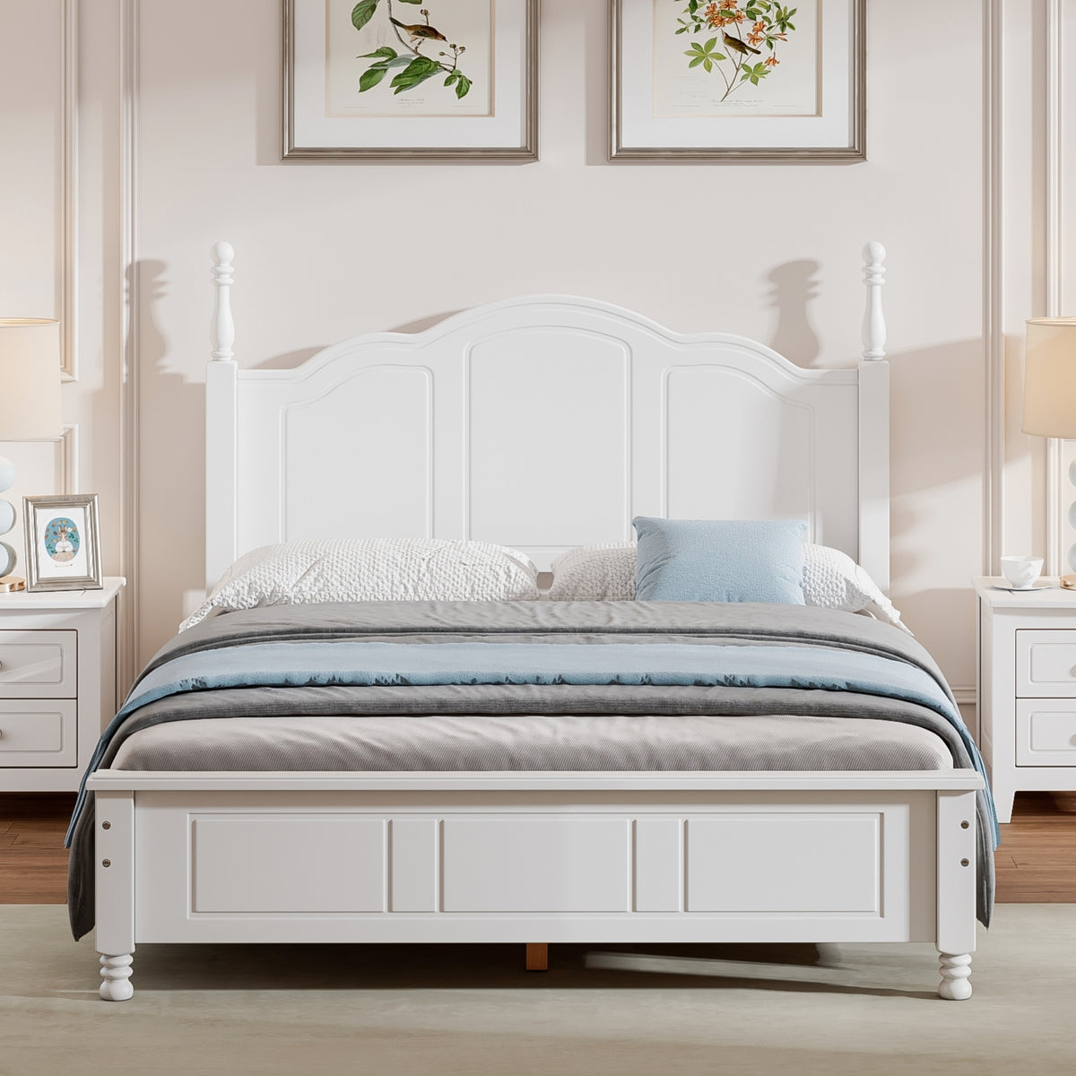 Full Size Wood Platform Bed Frame with Wooden Slat Support In White