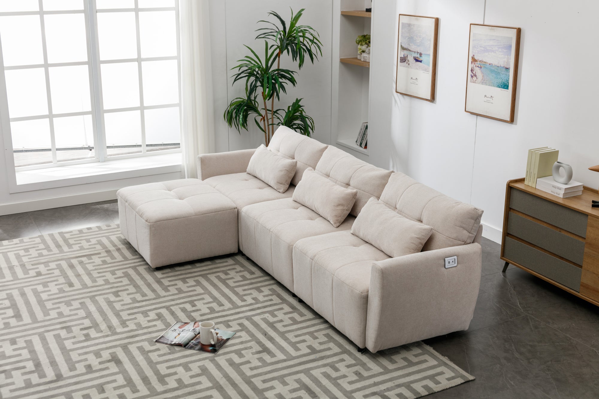 Khartoum Sectional Sofa with Movable Ottoman in Beige Chenille