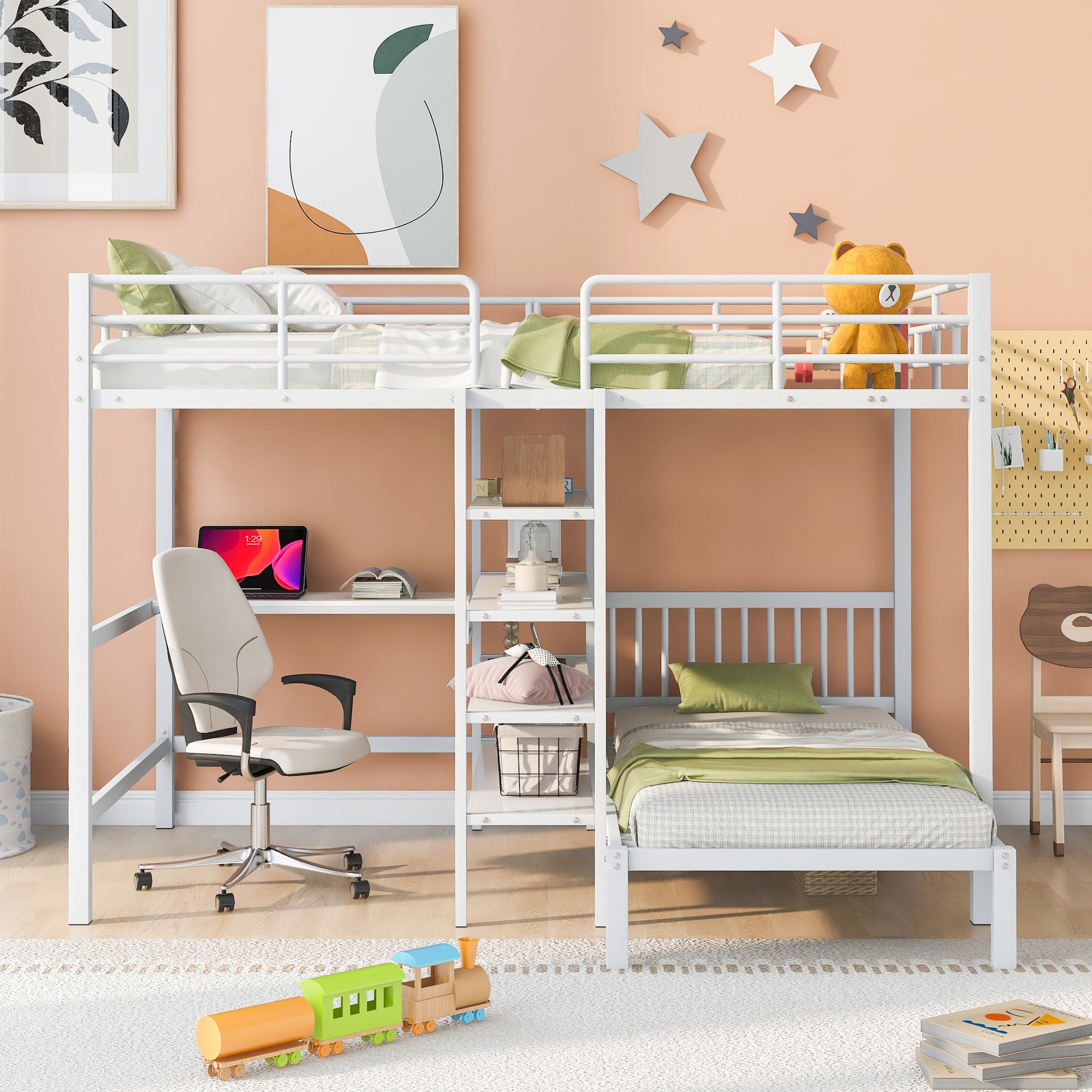 Full Over Twin Metal Bunk Bed with Built-in Desk and Shelves In White