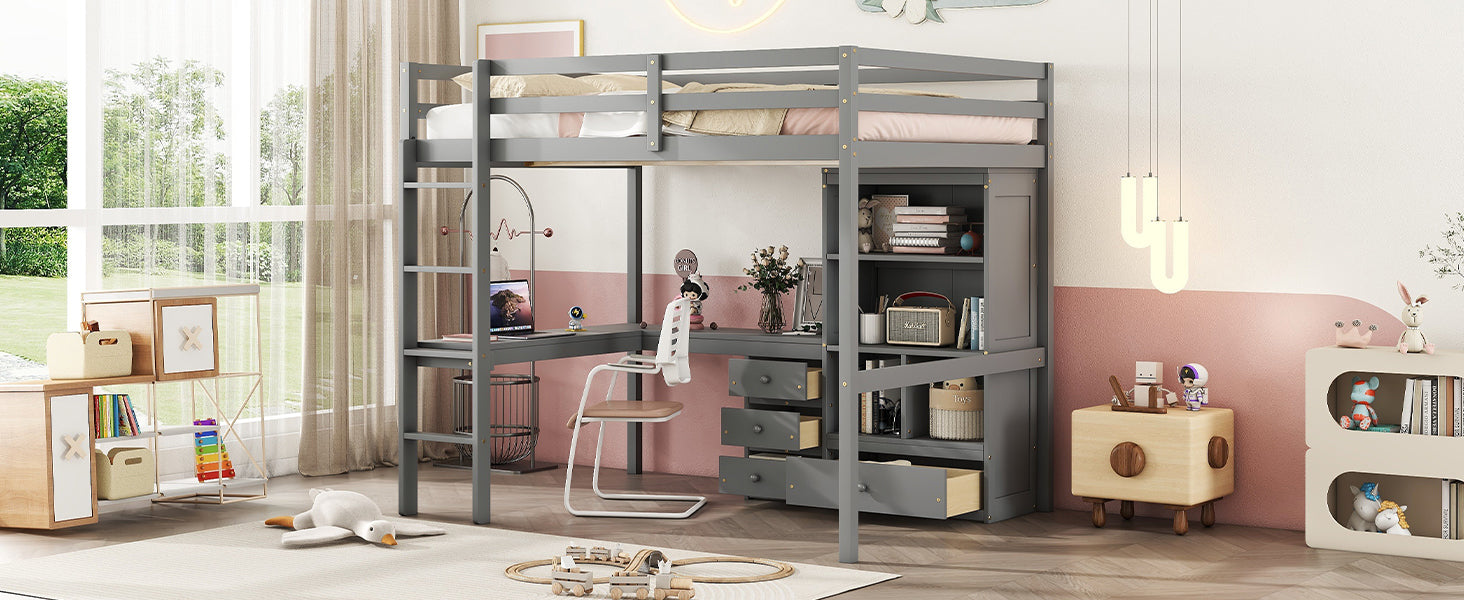 Gray Full Size High Loft Bed with Desk, Storage Shelves, and Drawers