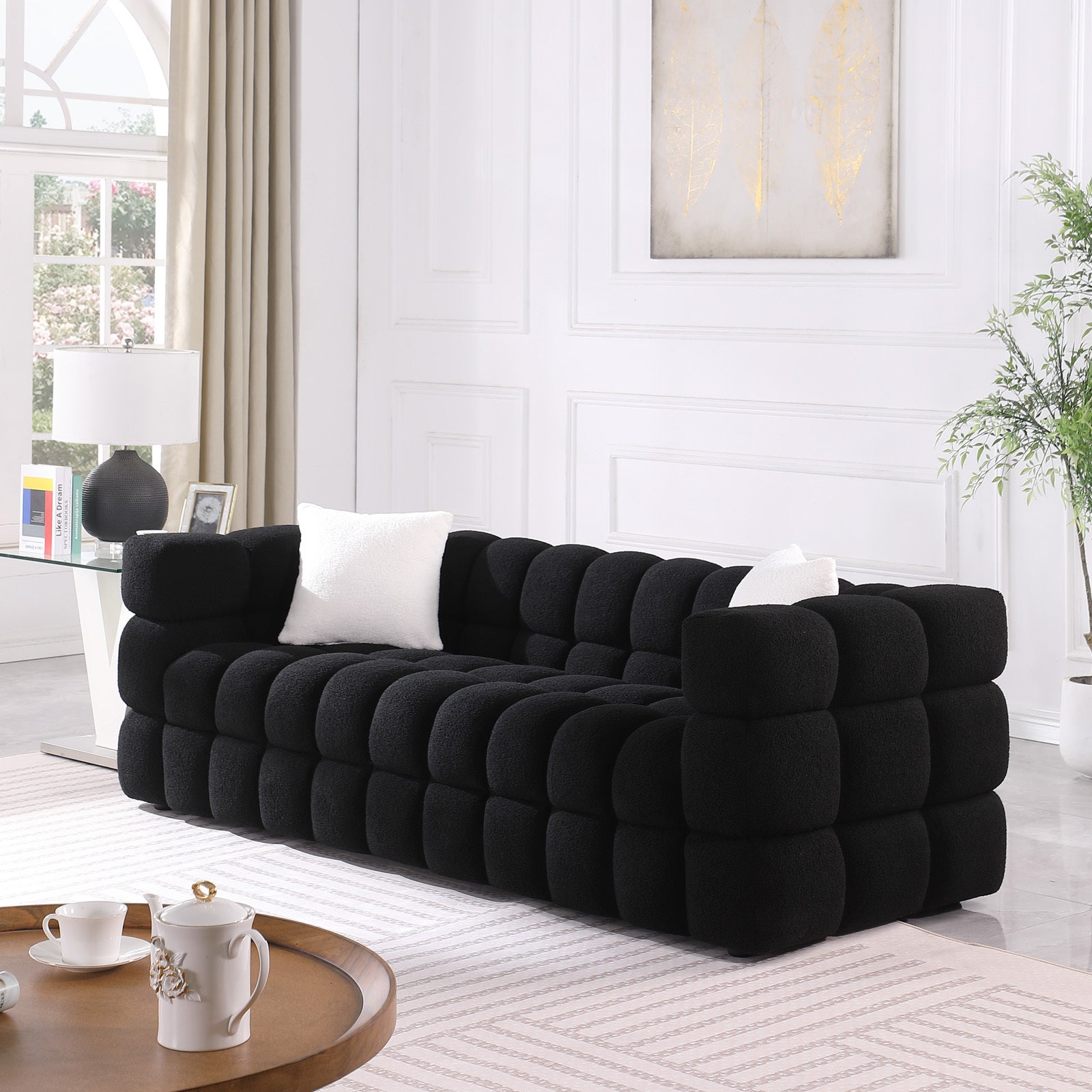 Black Boucle 5-Seater Marshmallow Loveseat Sofa