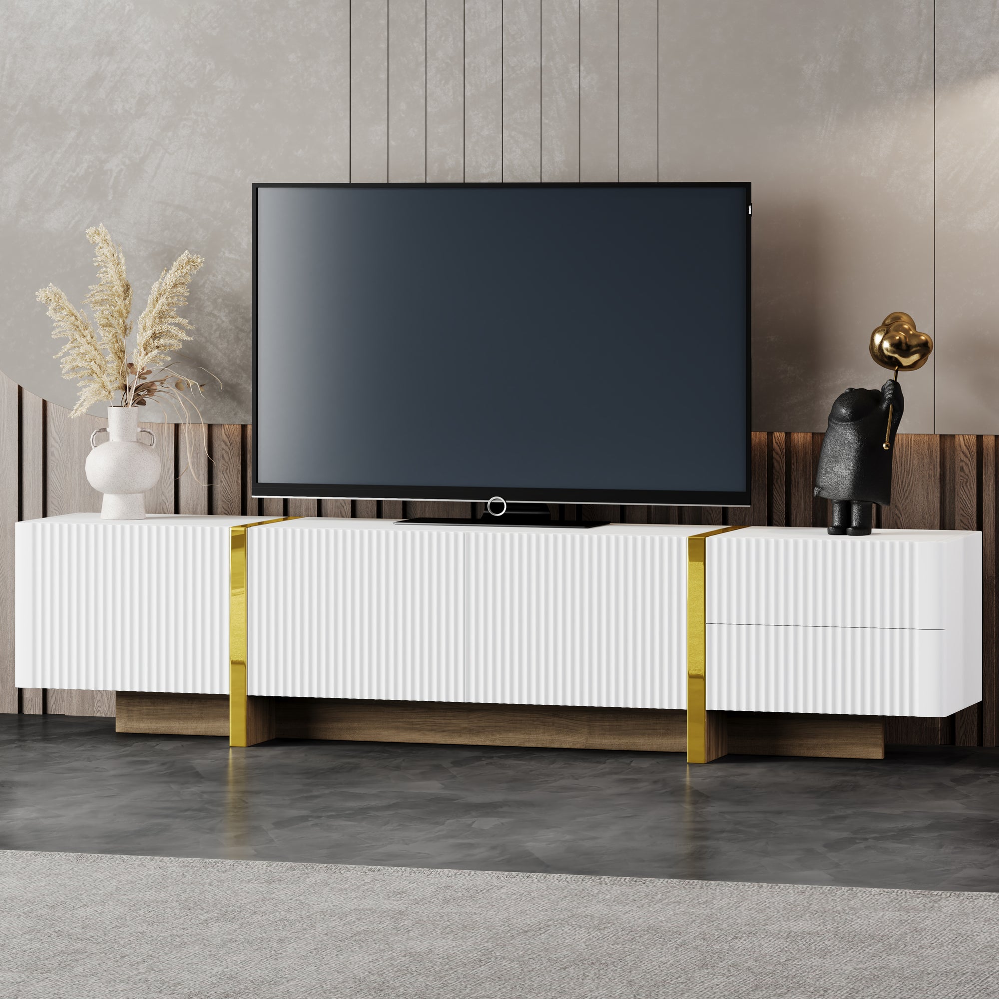 Luxury Fluted TV Stand for TVs Up to 80 Inch Modern Entertainment Center with Storage Cabinets and Drawers In White