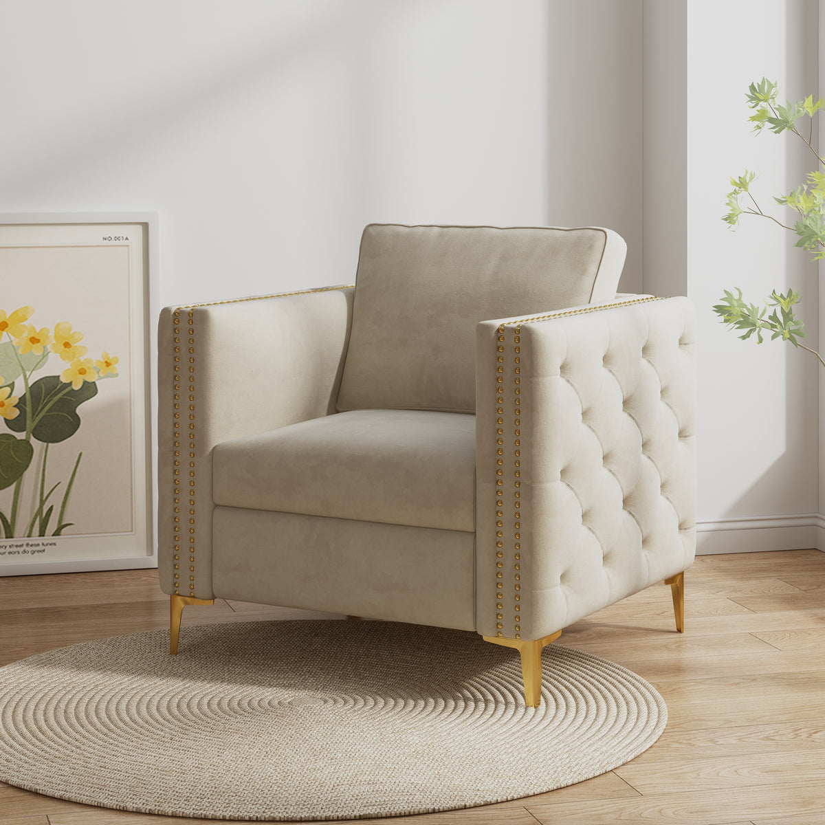 Beige Velvet Accent Chair with Gold Metal Legs